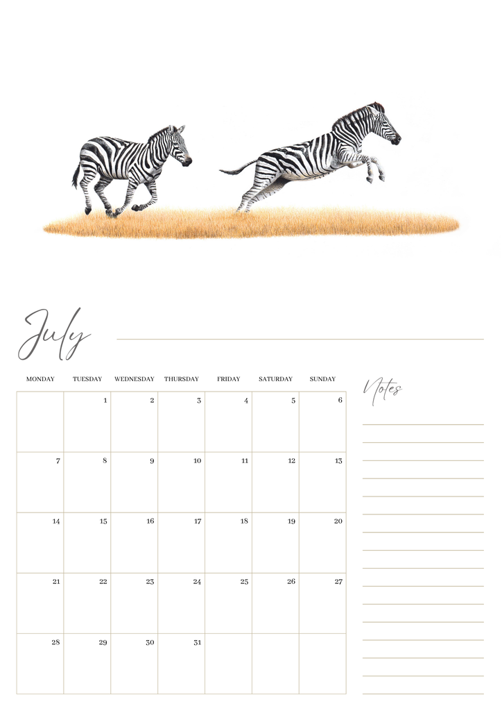 2025 premium quality South African animals hanging wall calendar showing wildlife artwork by artist Matthew Bell including Elephant, Giraffe, Serval, Hippo, Cheetah, Pangolin, Rhino, Springbok, Zebra, Dung Beetles