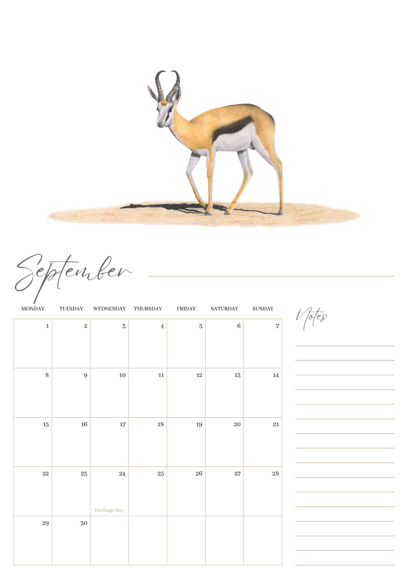 2025 premium quality South African animals hanging wall calendar showing wildlife artwork by artist Matthew Bell including Elephant, Giraffe, Serval, Hippo, Cheetah, Pangolin, Rhino, Springbok, Zebra, Dung Beetles