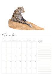 2025 premium quality South African animals hanging wall calendar showing wildlife artwork by artist Matthew Bell including Elephant, Giraffe, Serval, Hippo, Cheetah, Pangolin, Rhino, Springbok, Zebra, Dung Beetles