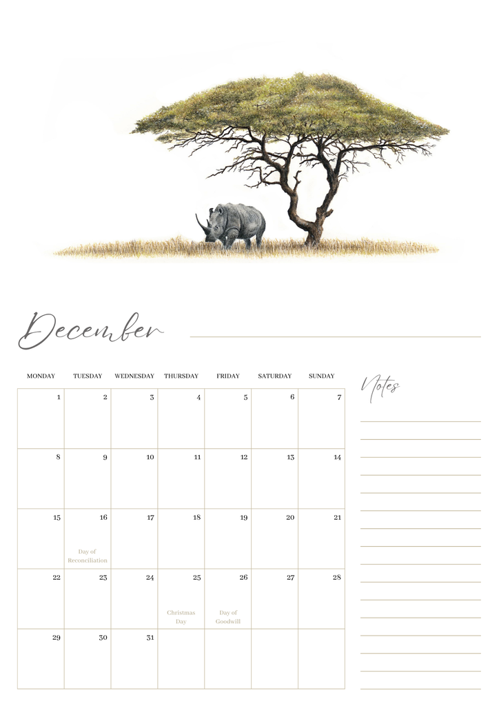 2025 premium quality South African animals hanging wall calendar showing wildlife artwork by artist Matthew Bell including Elephant, Giraffe, Serval, Hippo, Cheetah, Pangolin, Rhino, Springbok, Zebra, Dung Beetles