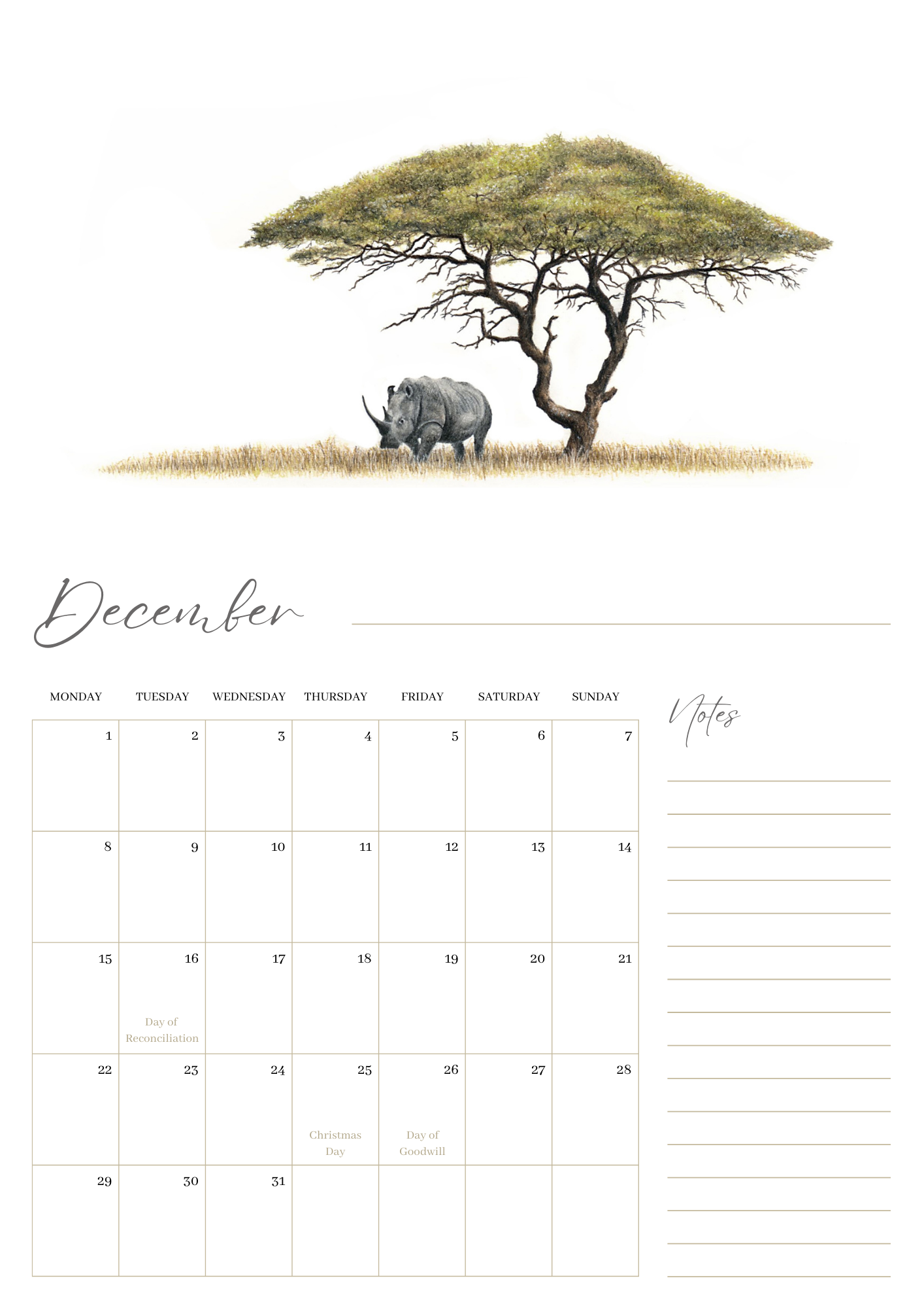 2025 premium quality South African animals hanging wall calendar showing wildlife artwork by artist Matthew Bell including Elephant, Giraffe, Serval, Hippo, Cheetah, Pangolin, Rhino, Springbok, Zebra, Dung Beetles