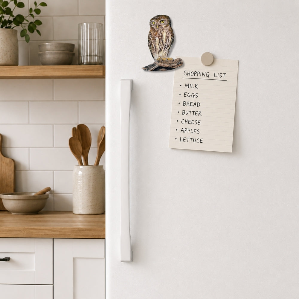 Pearl-spotted Owlet fridge magnet capturing the character of this tiny owl in Matthew Bell's artwork