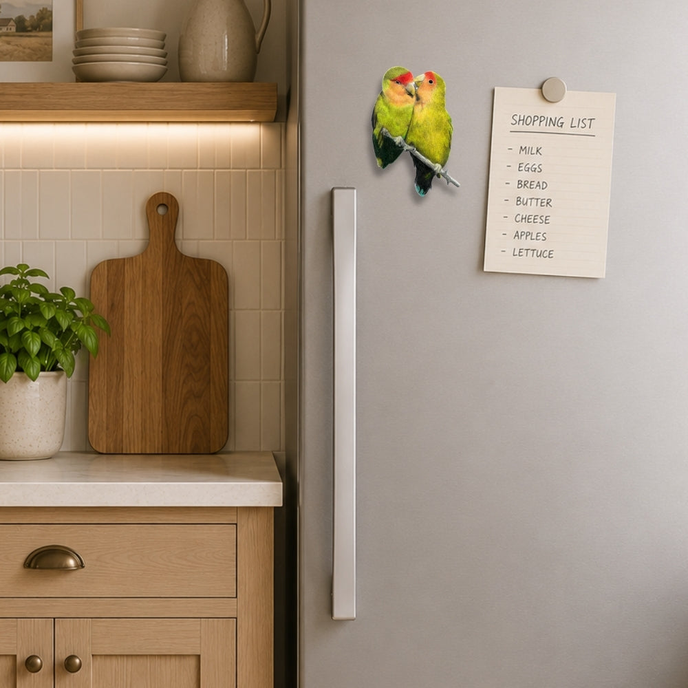 Rosy Faced Lovebirds fridge magnet displaying original South African bird artwork by Matthew Bell