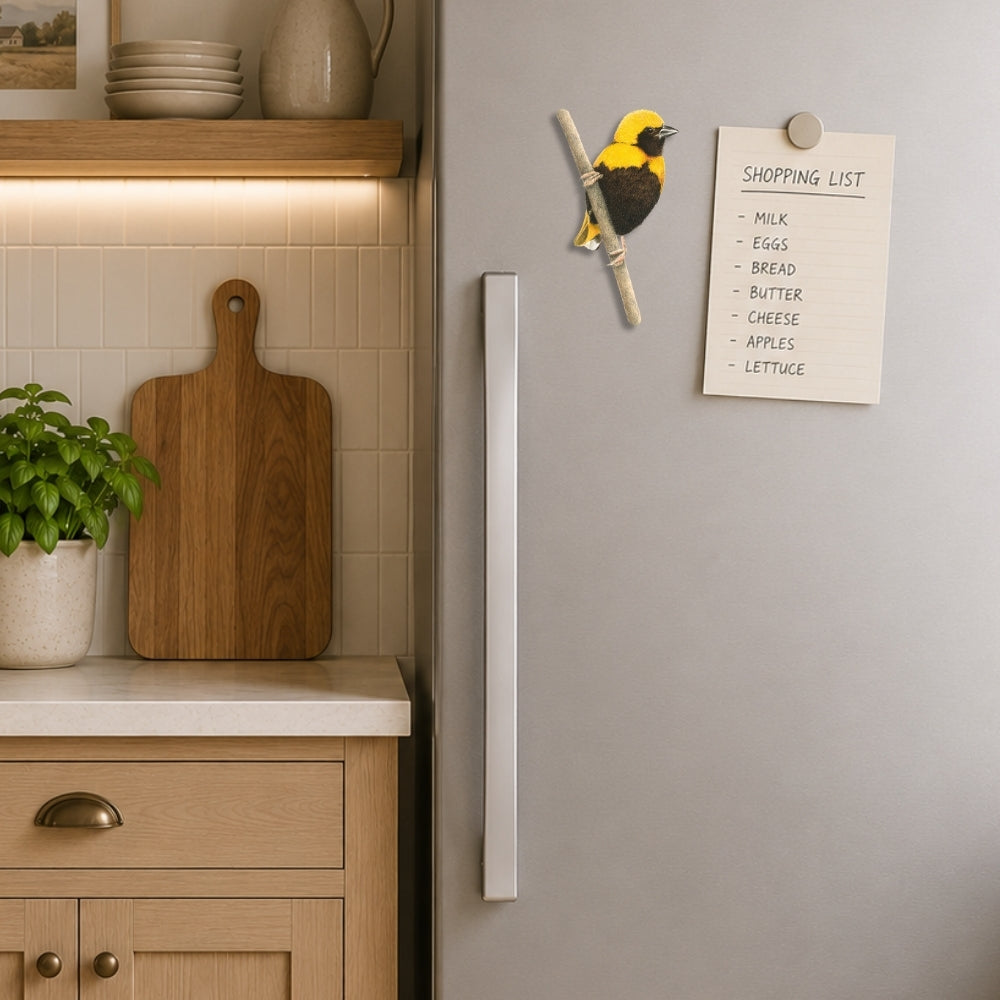 Yellow-crowned Bishop fridge magnet bringing this colourful bird to life with Matthew Bell's artwork