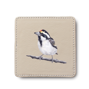 Acacia Pied Barbet Bird leather coaster by South African wildlife artist Matthew Bell