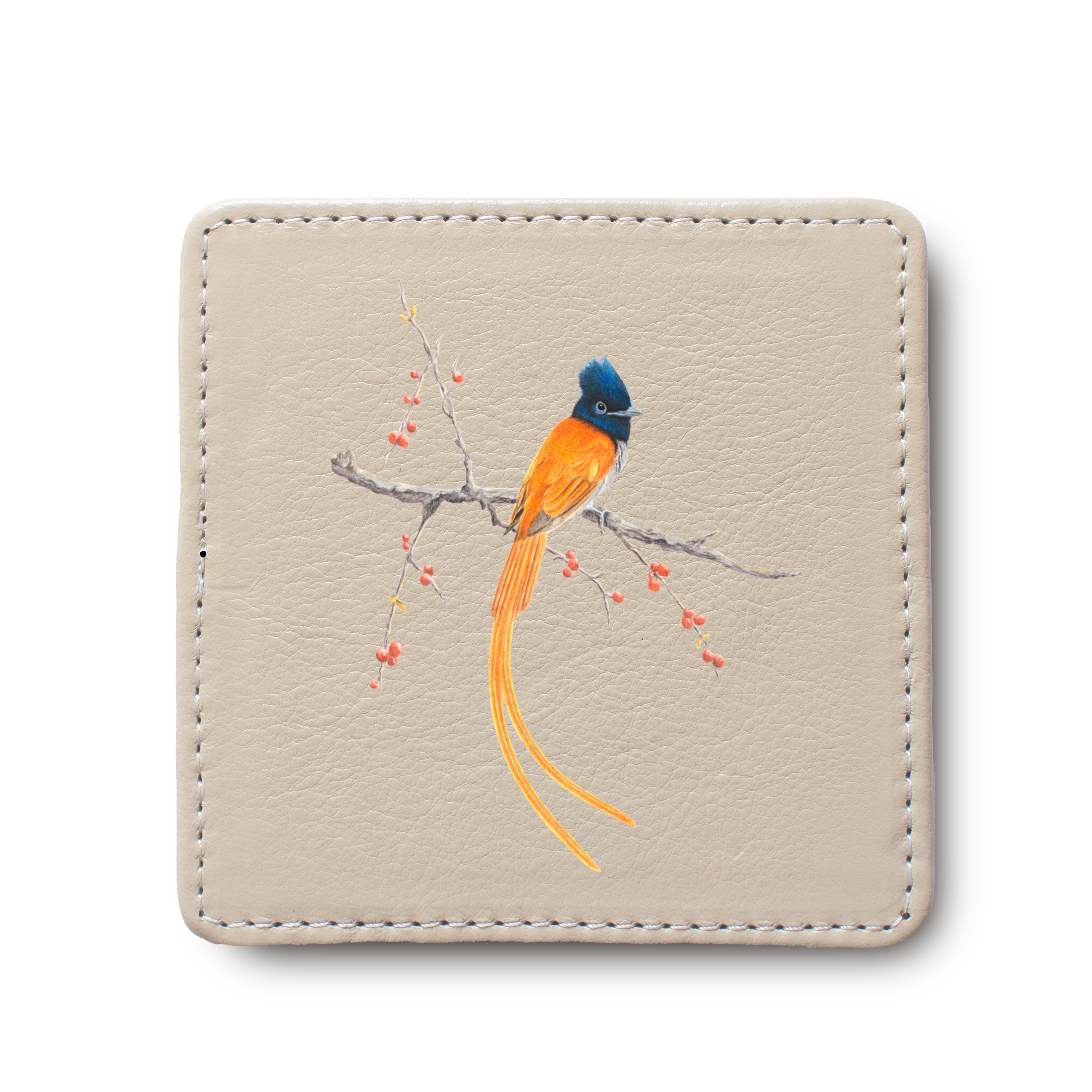 African Paradise Flycatcher Bird leather coaster by South African wildlife artist Matthew Bell