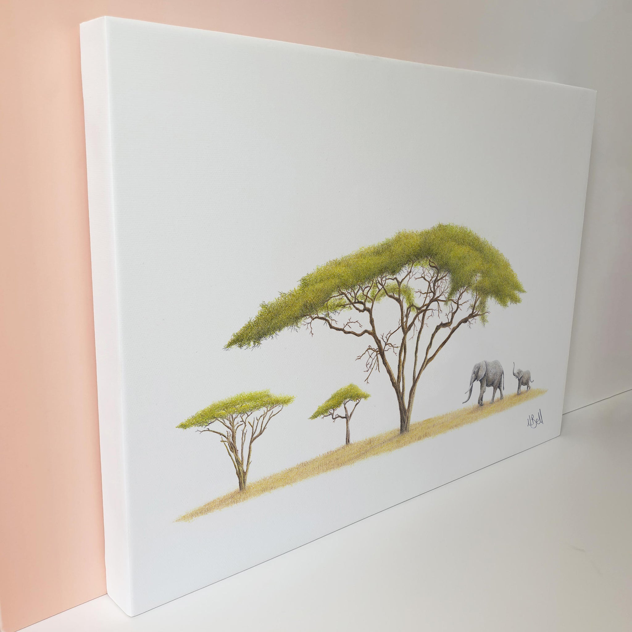 Acacia Tree and African elephants wildlife art