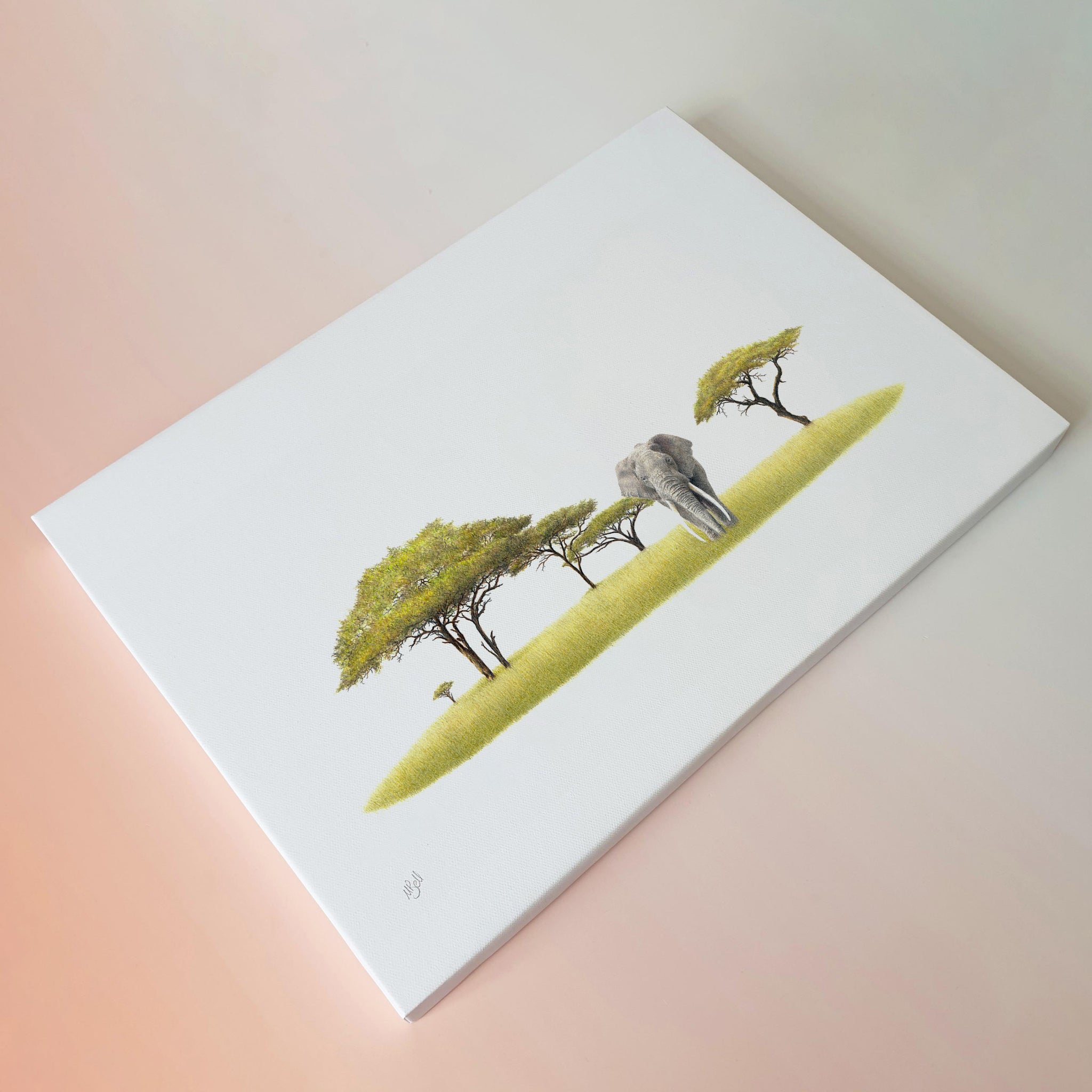 African Elephant and Acacia trees wildlife art print on canvas