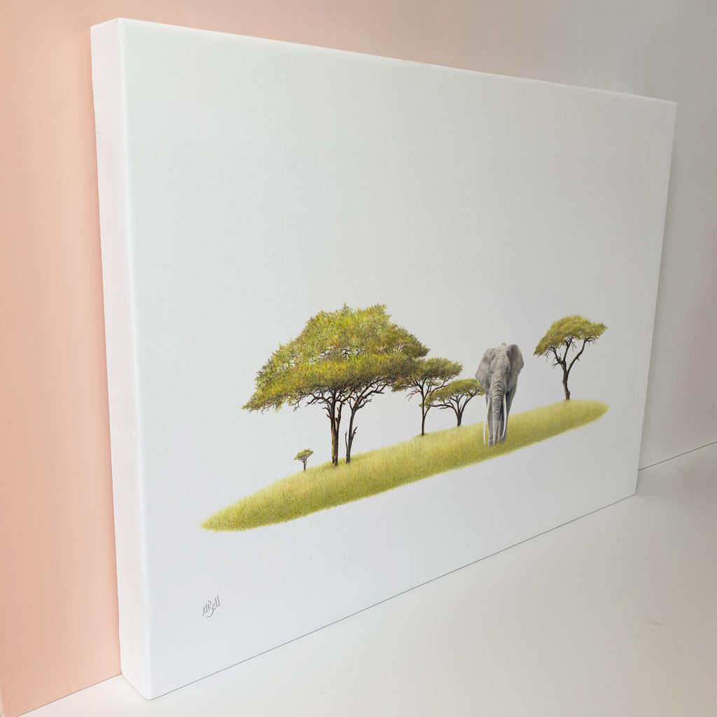 African Elephant and Acacia trees wildlife art print on canvas