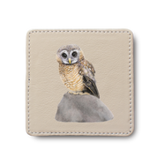 African Wood Owl Bird leather coaster by South African wildlife artist Matthew Bell