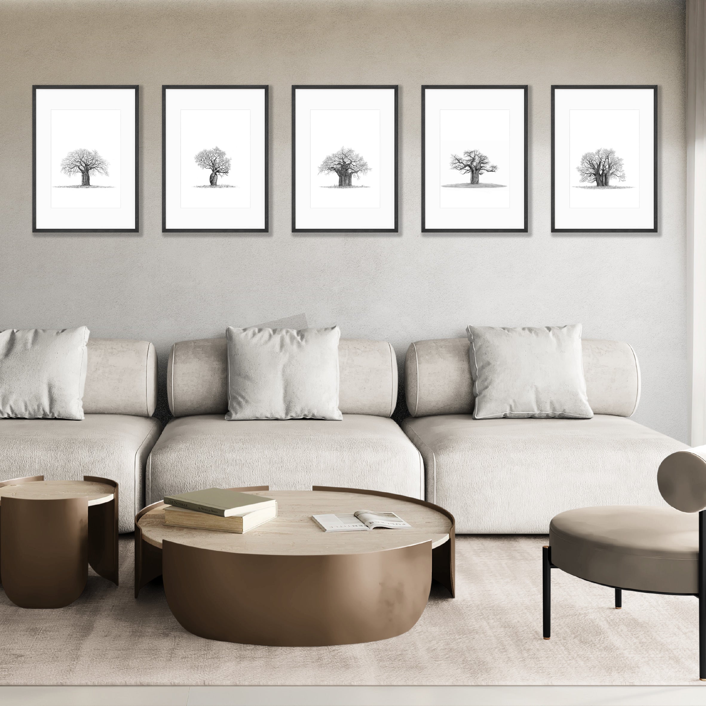 Five framed artworks by Matthew Bell of African Baobab Trees hanging on a wall, and also for sale at the Matthew Bell Wildlife art gallery in Cape Town