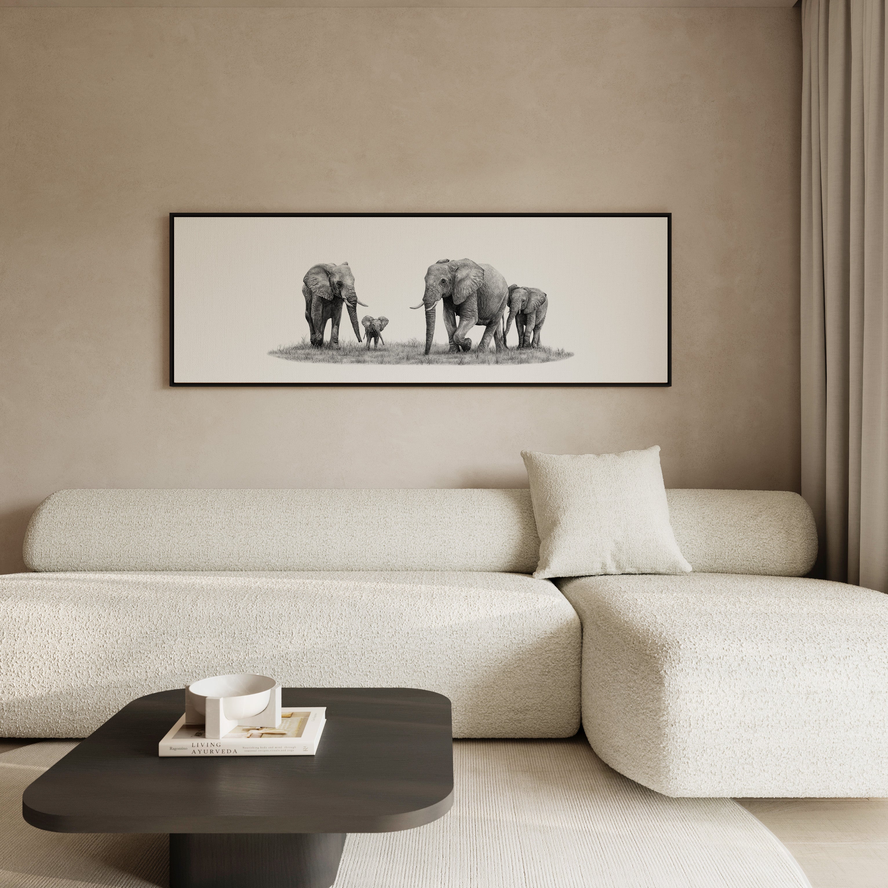 Framed African elephant canvas print combining timeless safari artwork with an elegant contemporary frame.