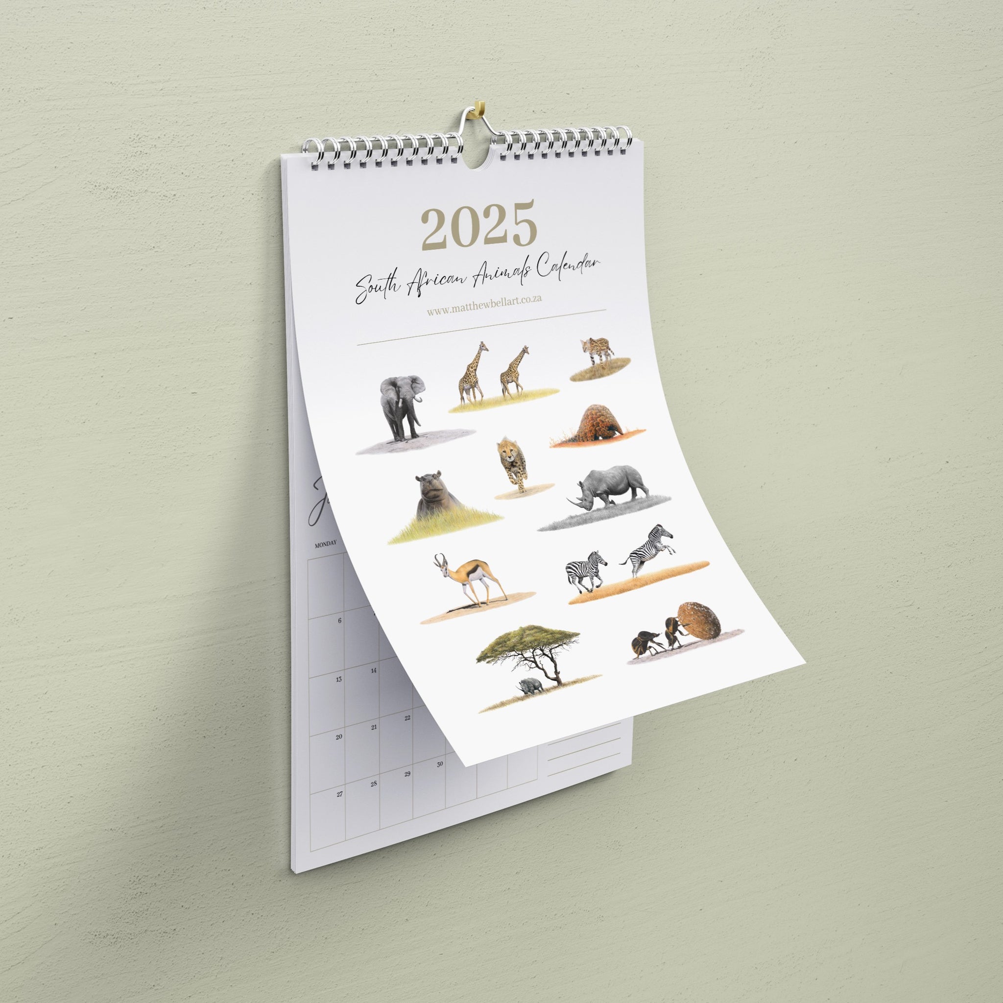 2025 A4 Hanging Animal year calendar by wildlife artist Matthew Bell