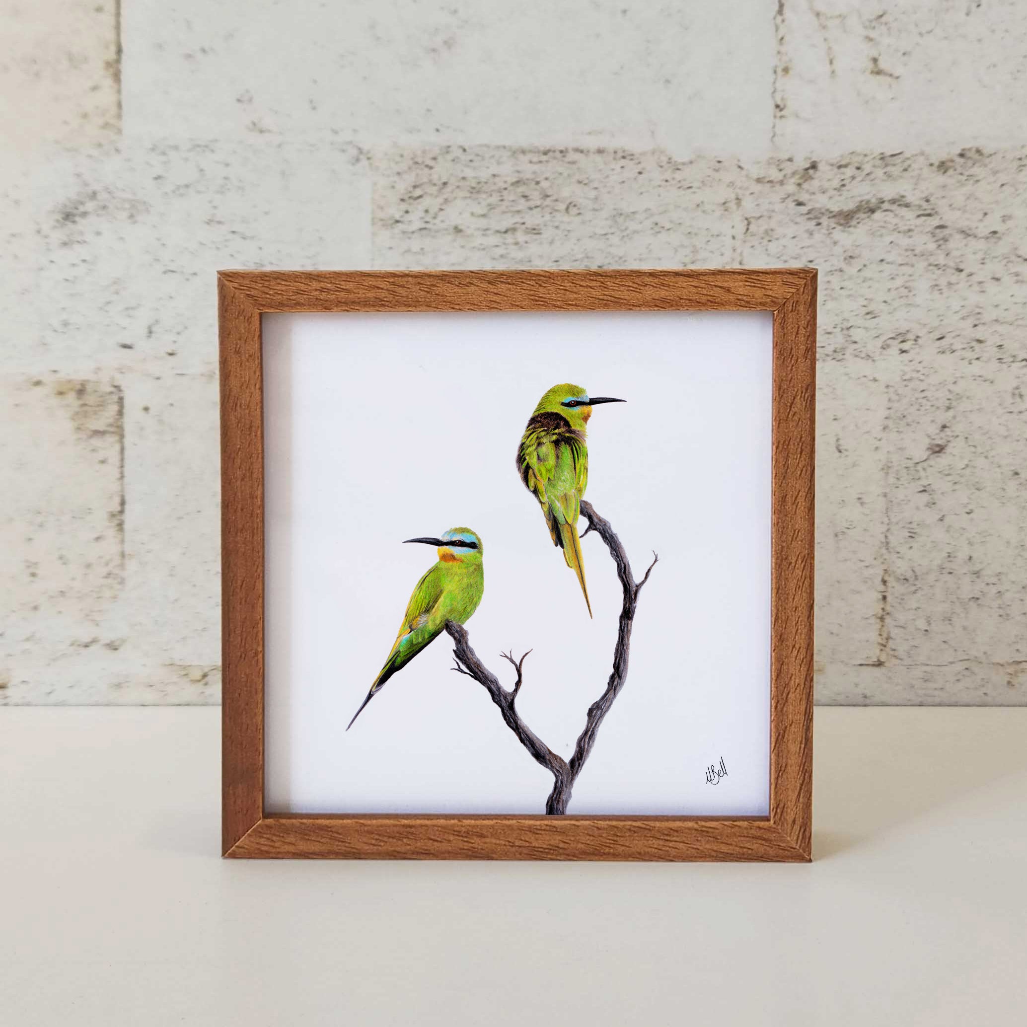 Blue Cheeked Bee Eaters framed kiaat wooden frame