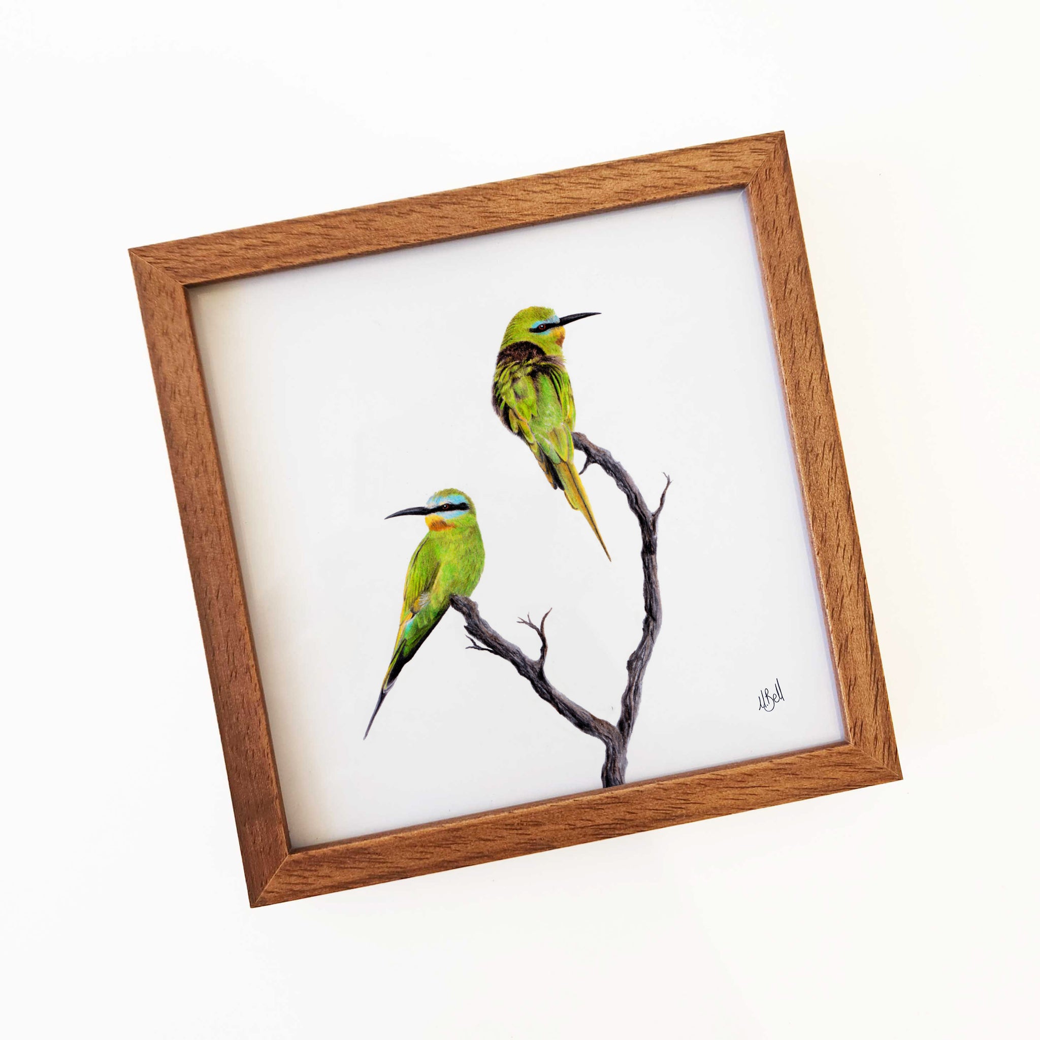 Blue Cheeked Bee Eaters framed kiaat wooden frame