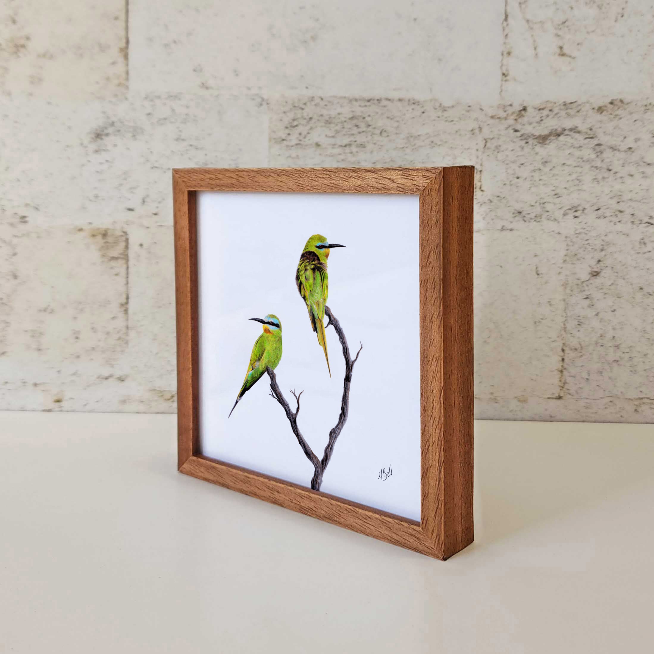 Blue Cheeked Bee Eaters framed kiaat wooden frame