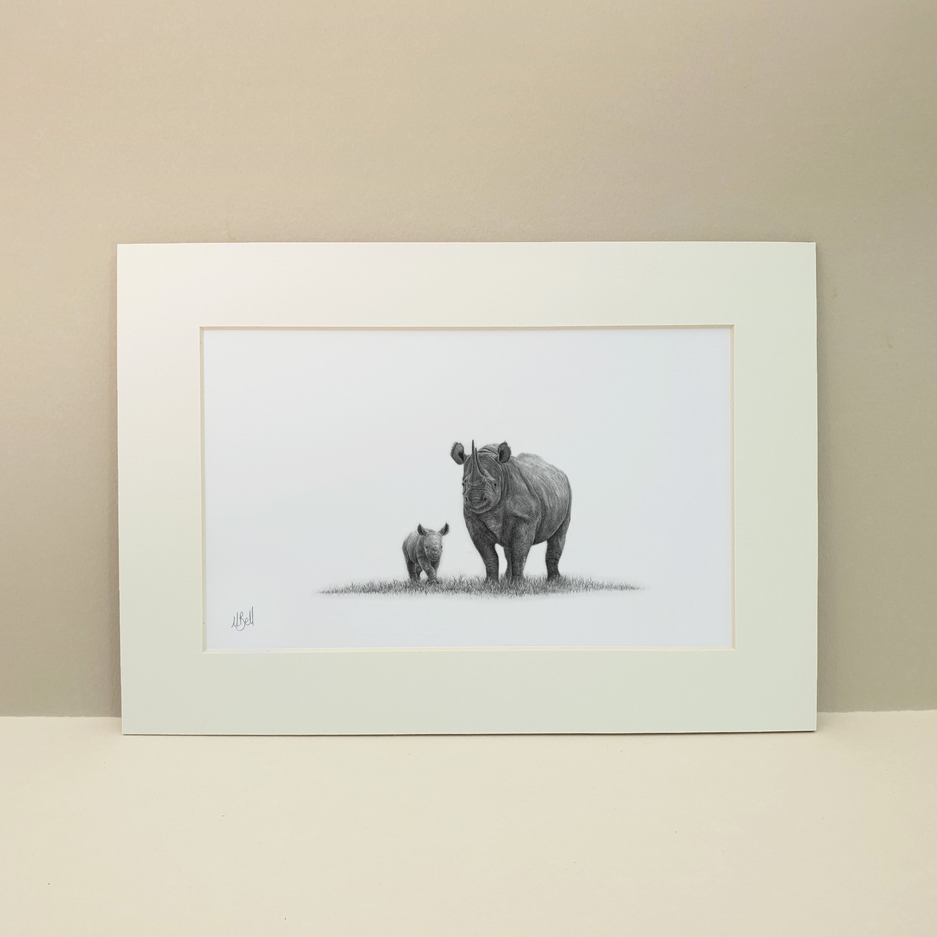 African Black Rhino mother and baby pencil artwork