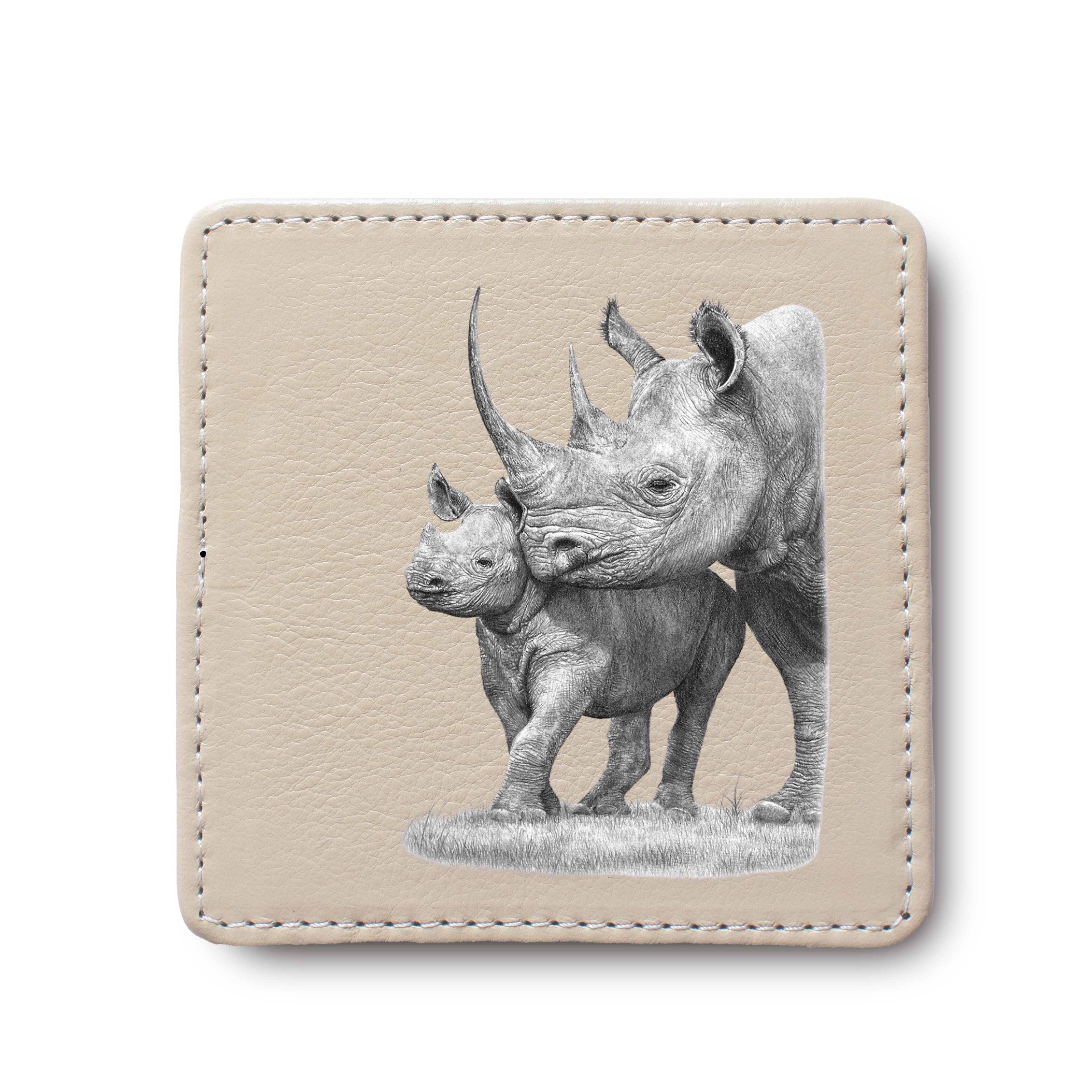 Black Rhino leather coaster by South African wildlife artist Matthew Bell