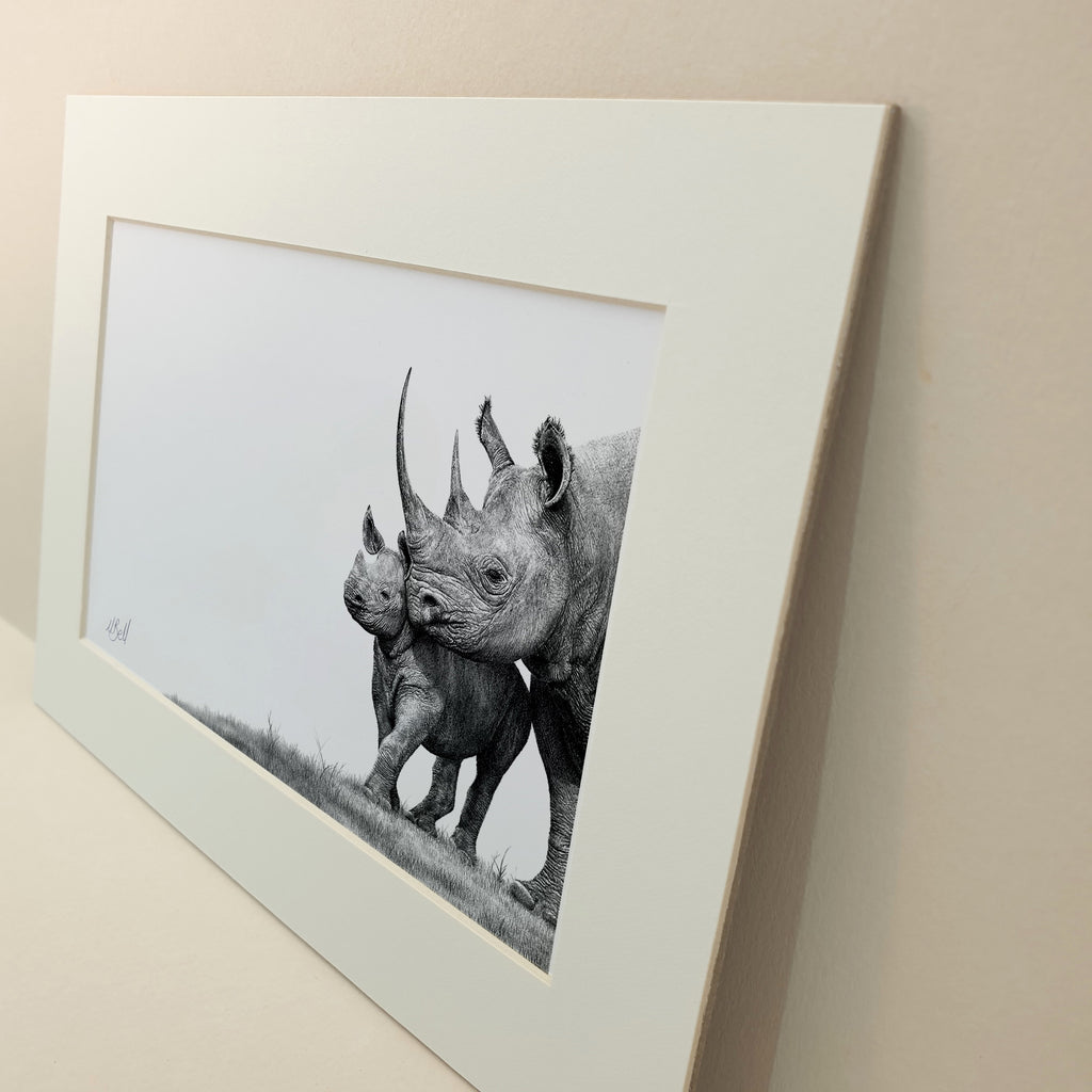 African Black Rhino mother and baby pencil artwork