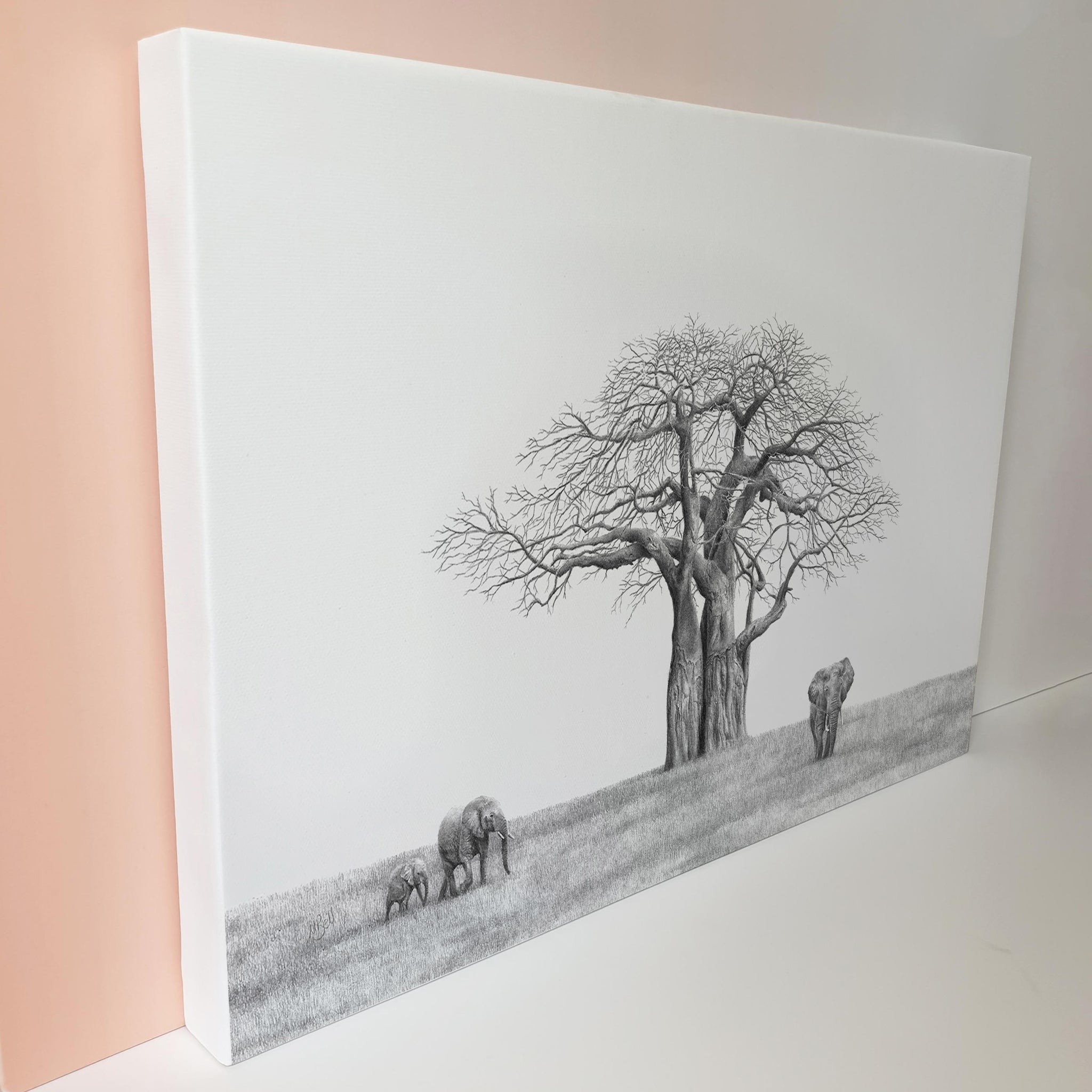 African Baobab Tree and Elephants in Botswana wildlife art canvas print