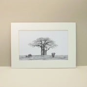 Artwork of an African Baobab Tree and a family of elephants