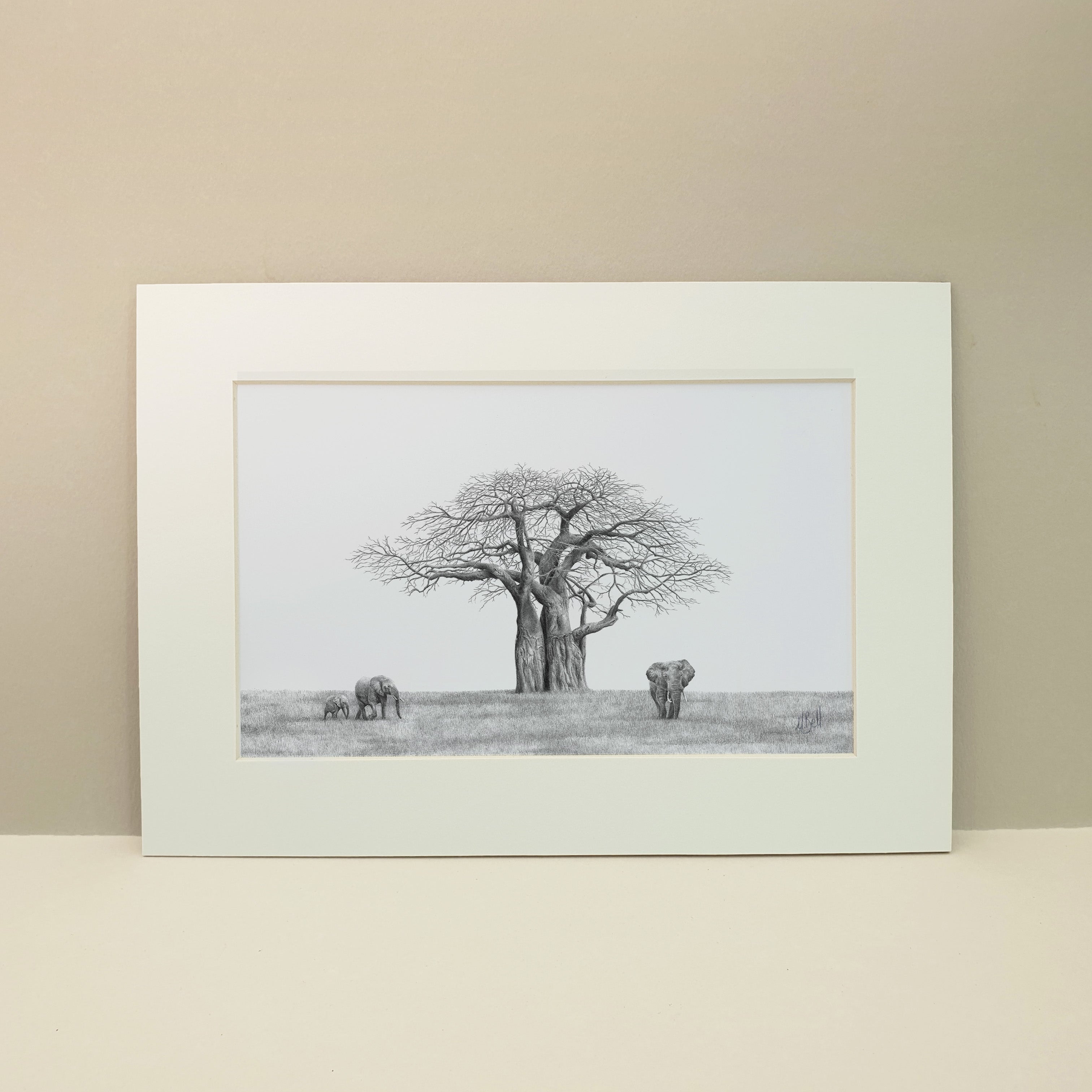 Artwork of an African Baobab Tree and a family of elephants