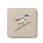 Bar Throated Apalis Bird leather coaster by South African wildlife artist Matthew Bell