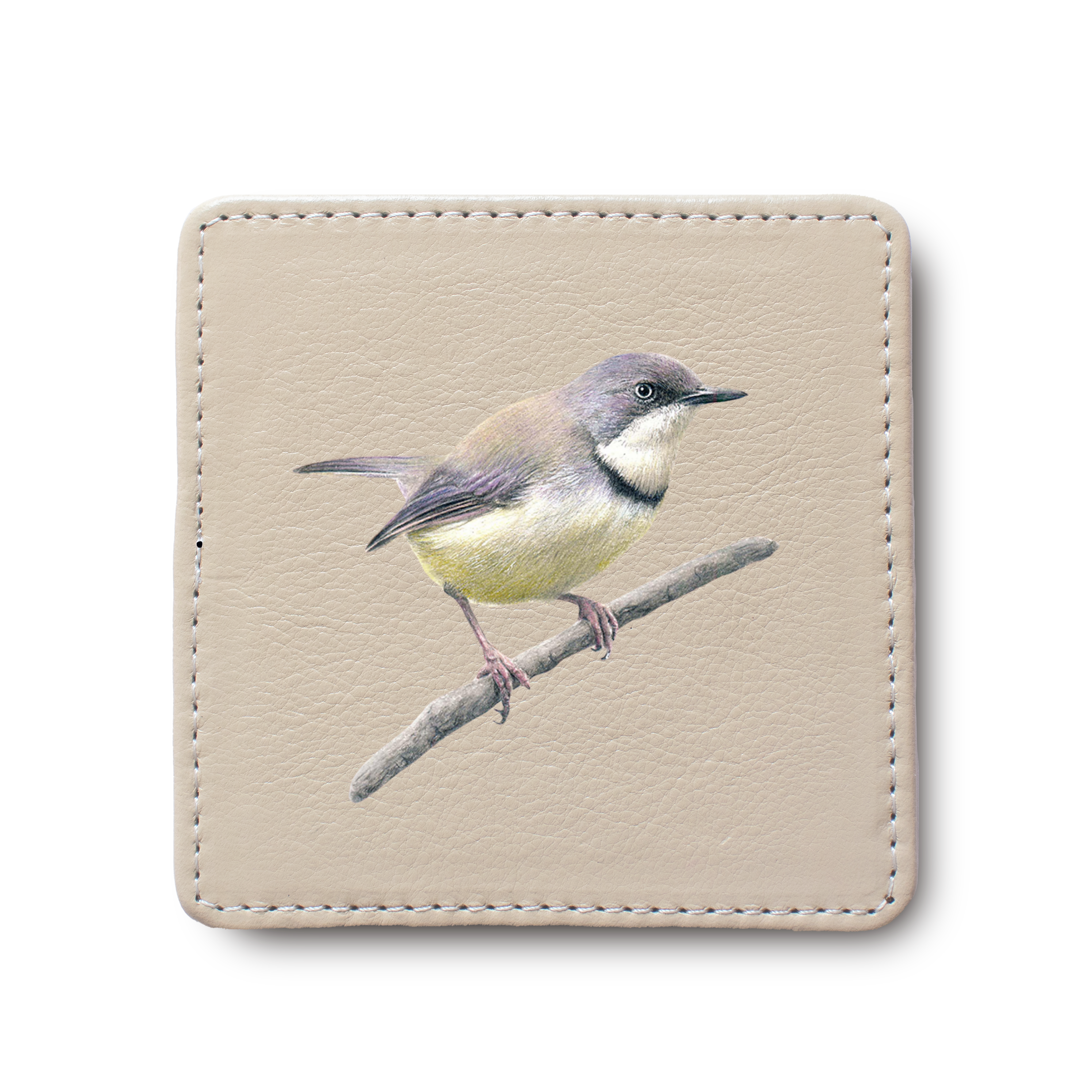 Bar Throated Apalis Bird leather coaster by South African wildlife artist Matthew Bell