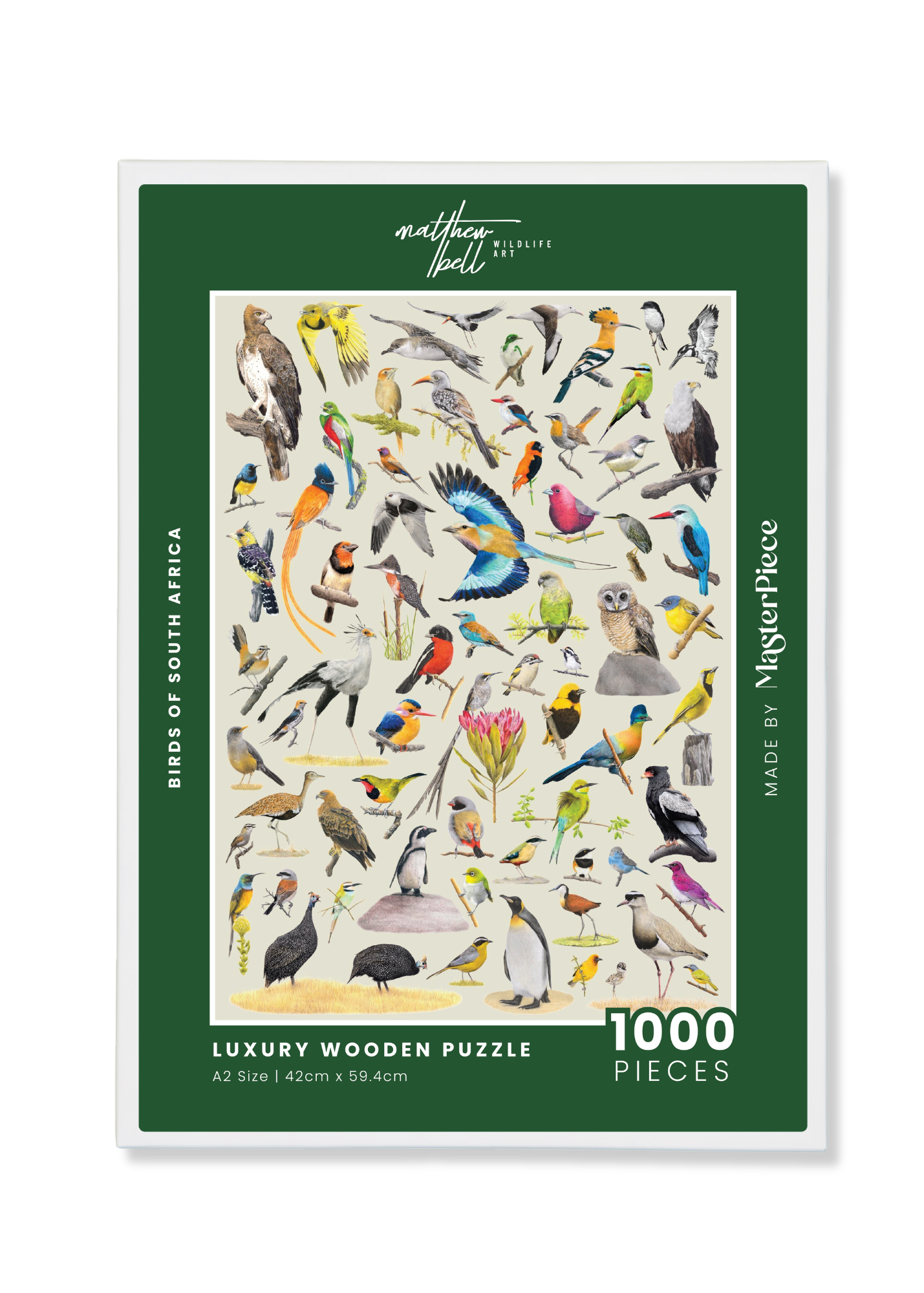 Luxury wooden puzzle of South Africa's birds by Matthew Bell, made by MasterPiece puzzles