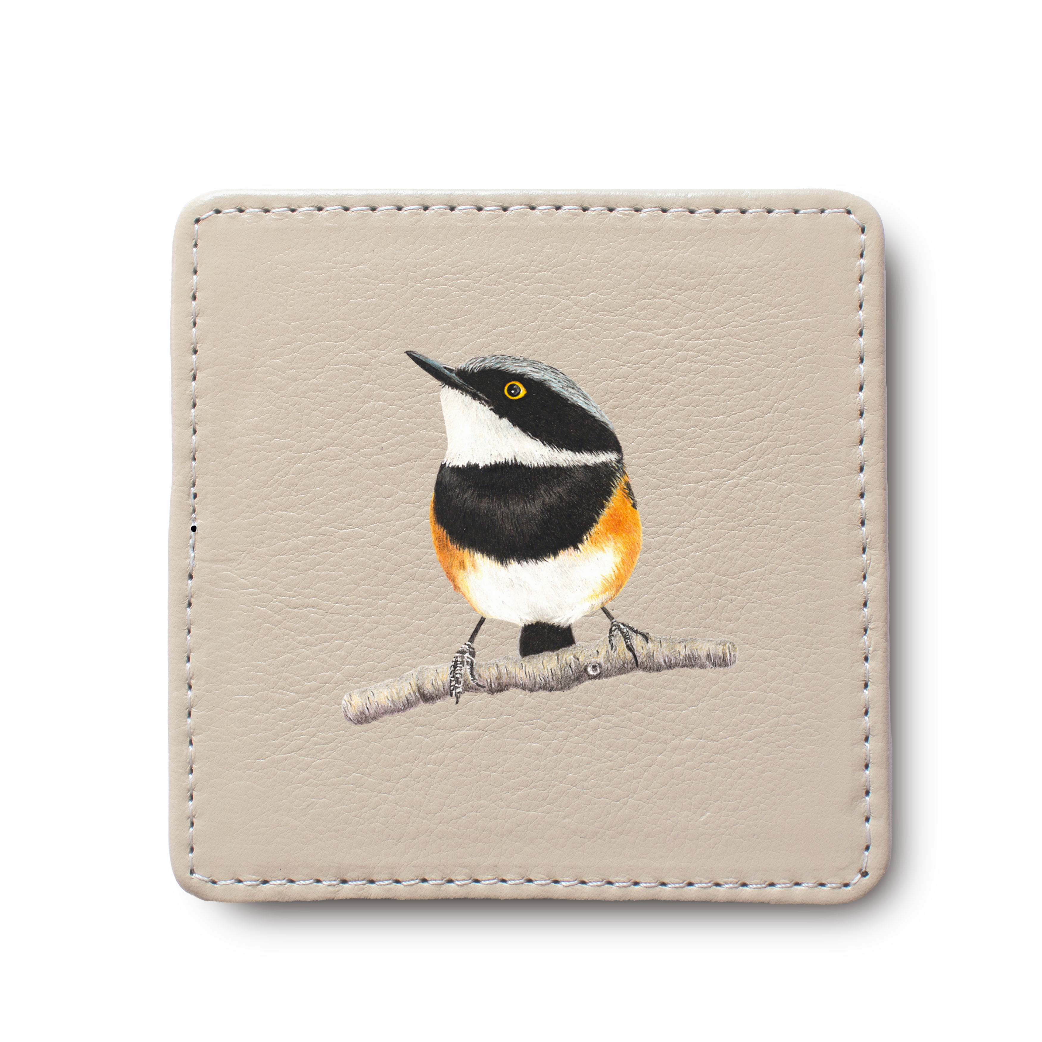 Cape Batis Bird leather coaster by South African wildlife artist Matthew Bell