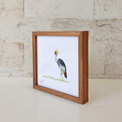 Kiaat wood framed miniature artwork of a Crowned Crane, part of wildlife artist Matthew Bell's birds of South Africa gallery