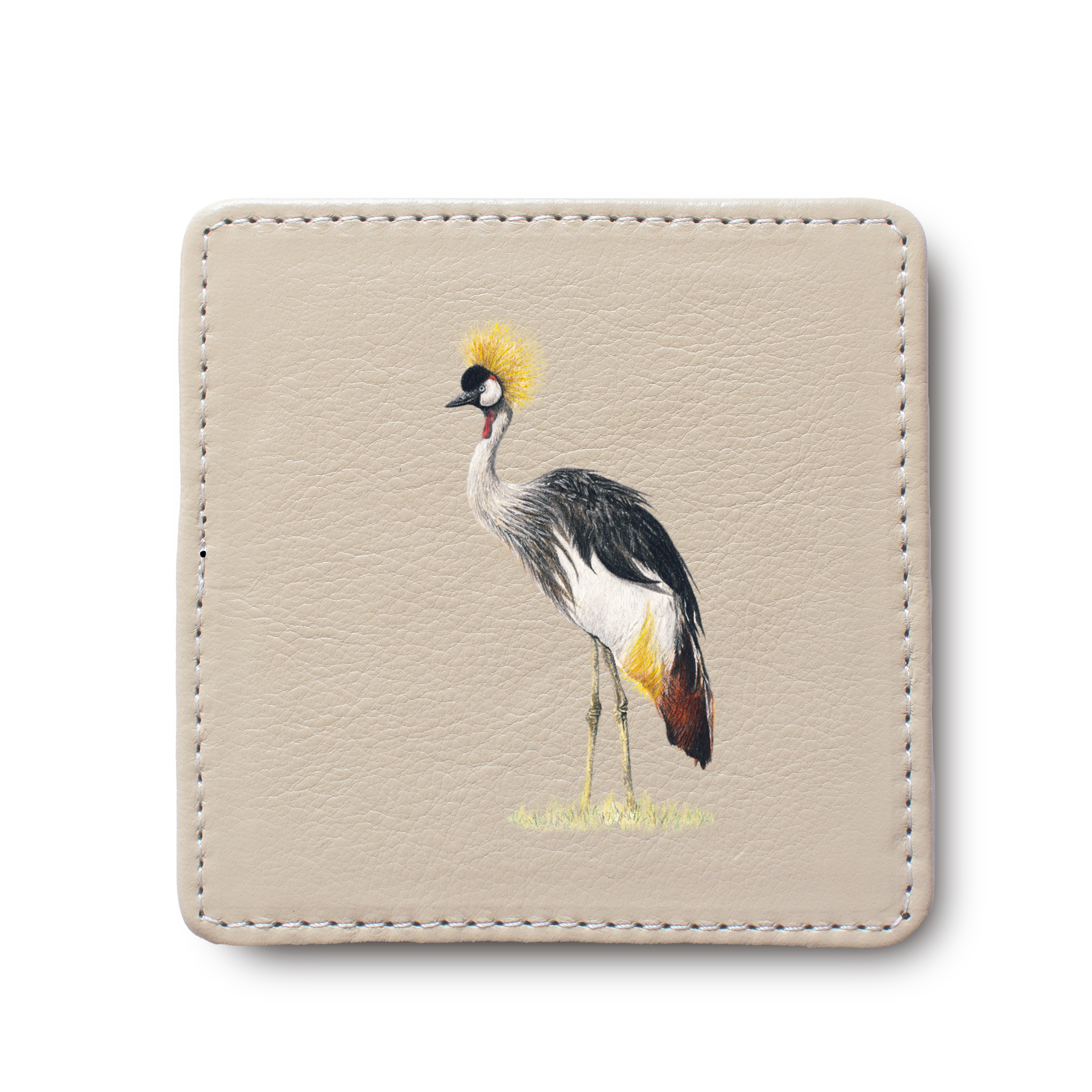 Crowned Crane Bird leather coaster by South African wildlife artist Matthew Bell