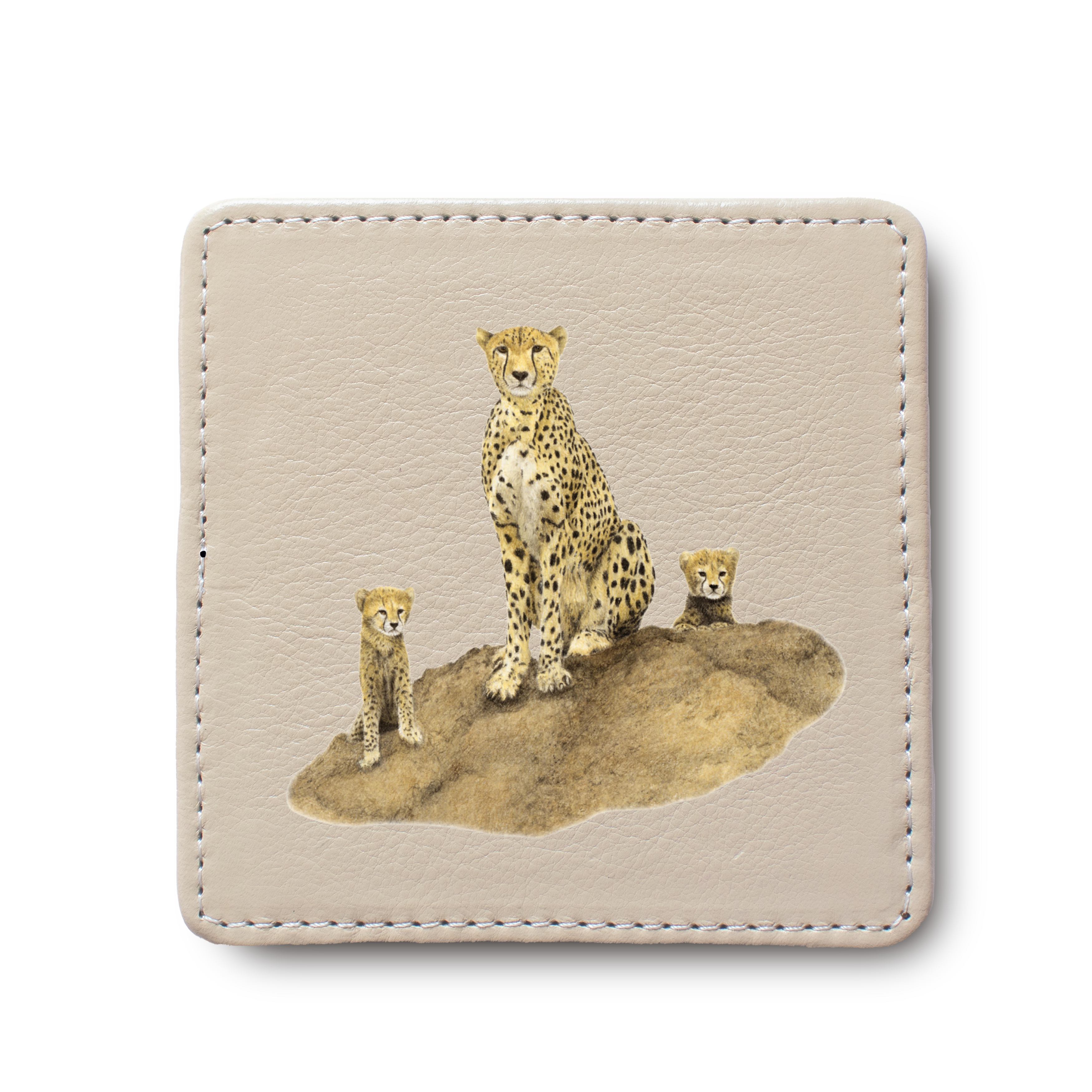 Cheetah Mother & Cub animal leather coaster by South African wildlife artist Matthew Bell