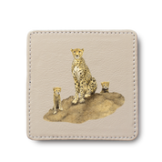 Cheetah Mother & Cub Leather Coaster