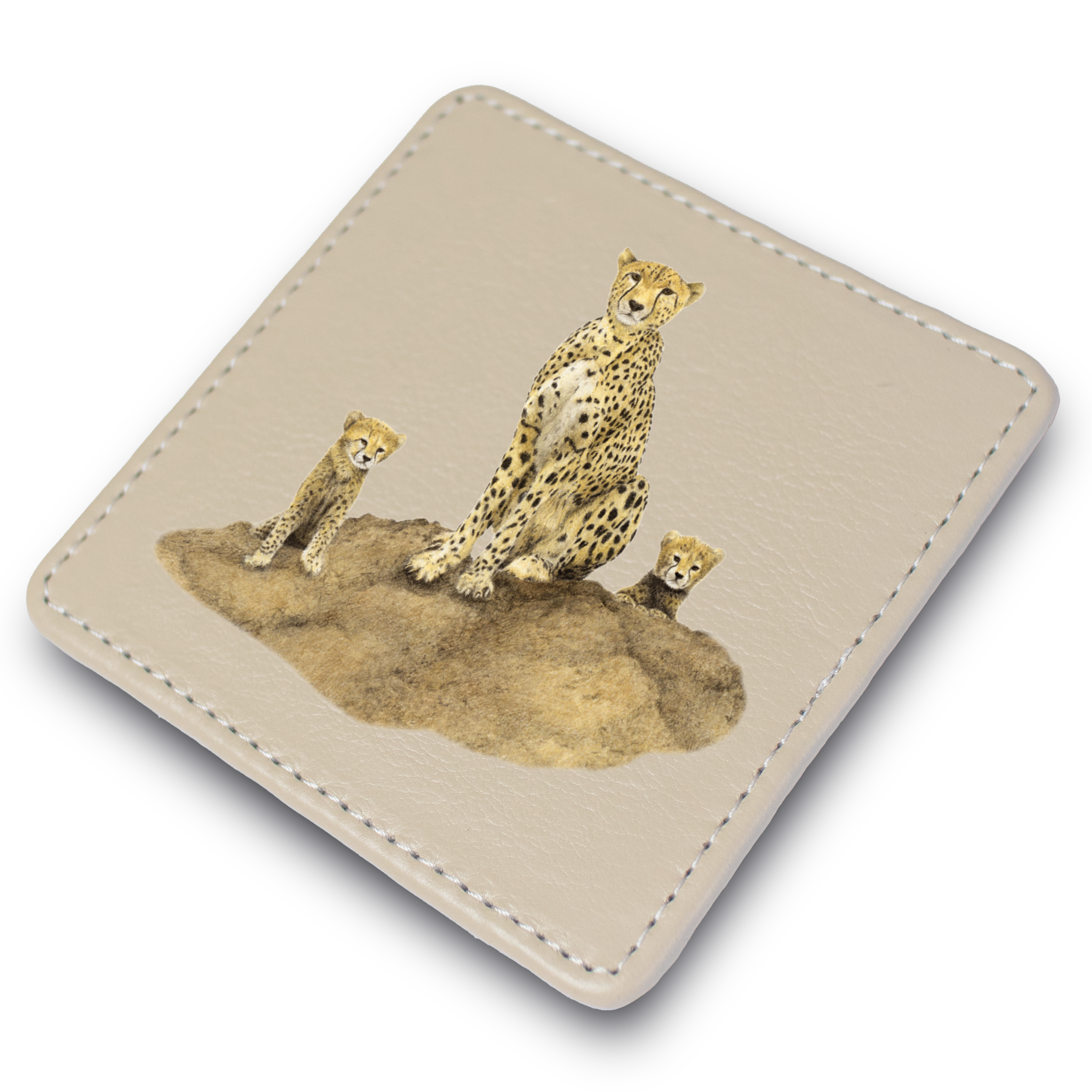 Cheetah Mother & Cub Leather Coaster
