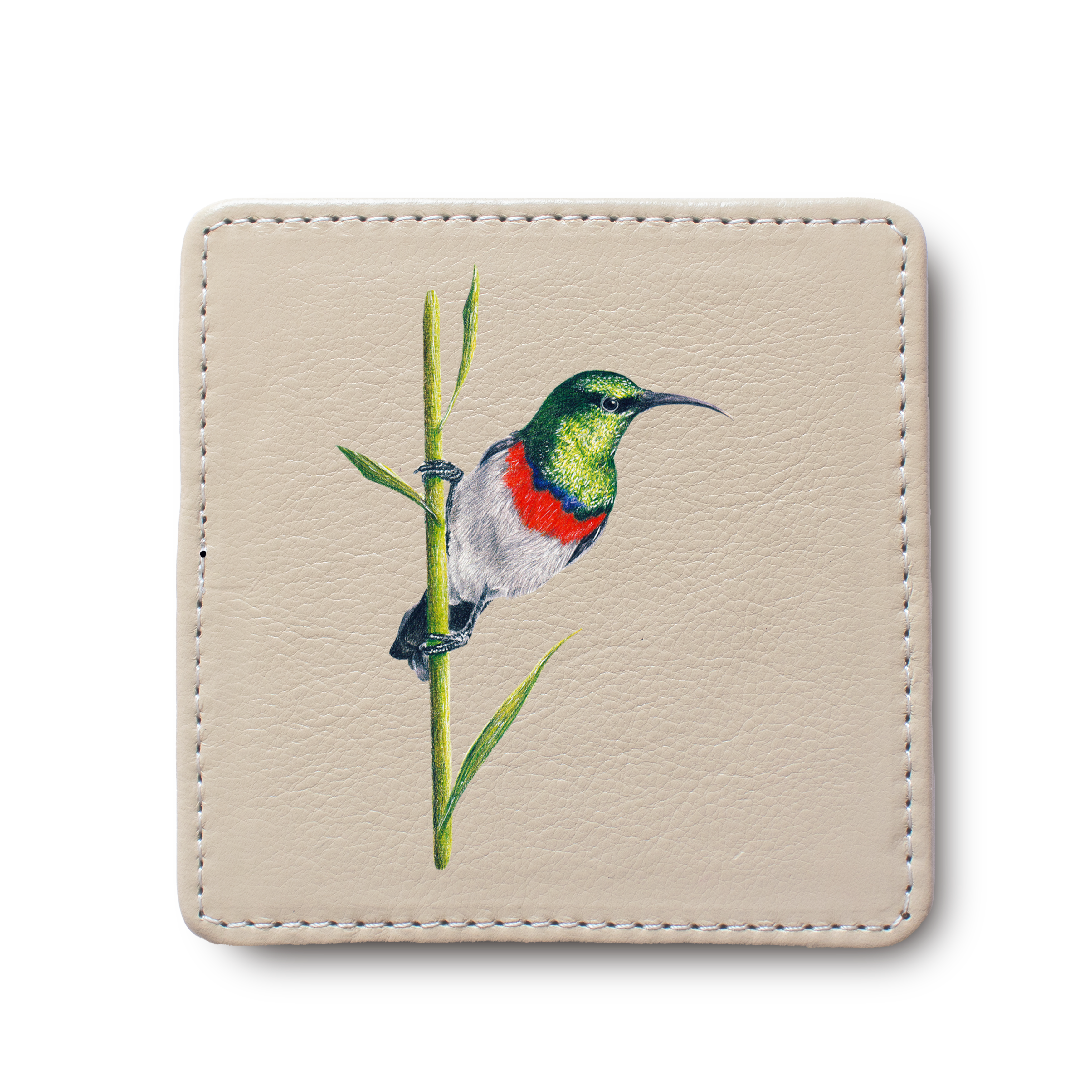 Double Collared Sunbird Bird leather coaster by South African wildlife artist Matthew Bell