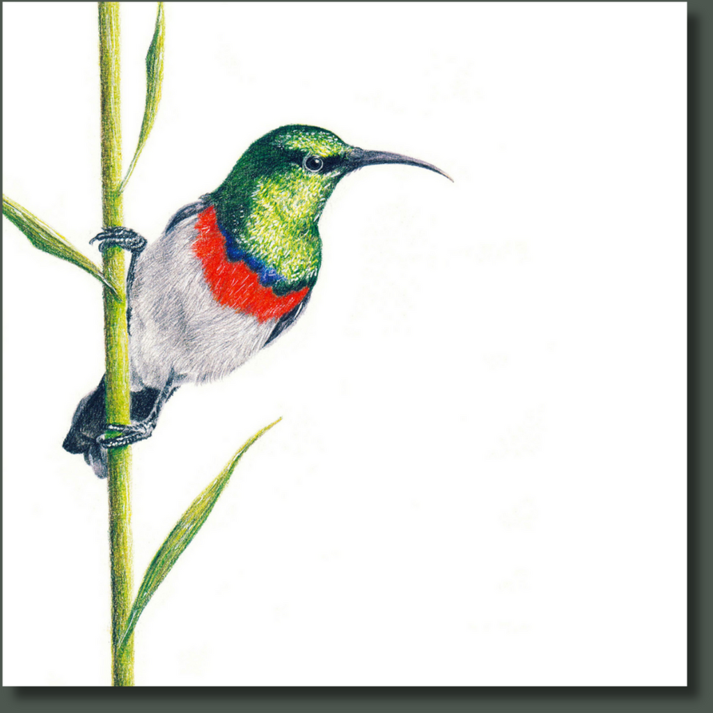 South African bird artwork on canvas, stretched on wooden frame by wildlife artist Matthew Bell of a Double Collared Sunbird in the Drakensberg