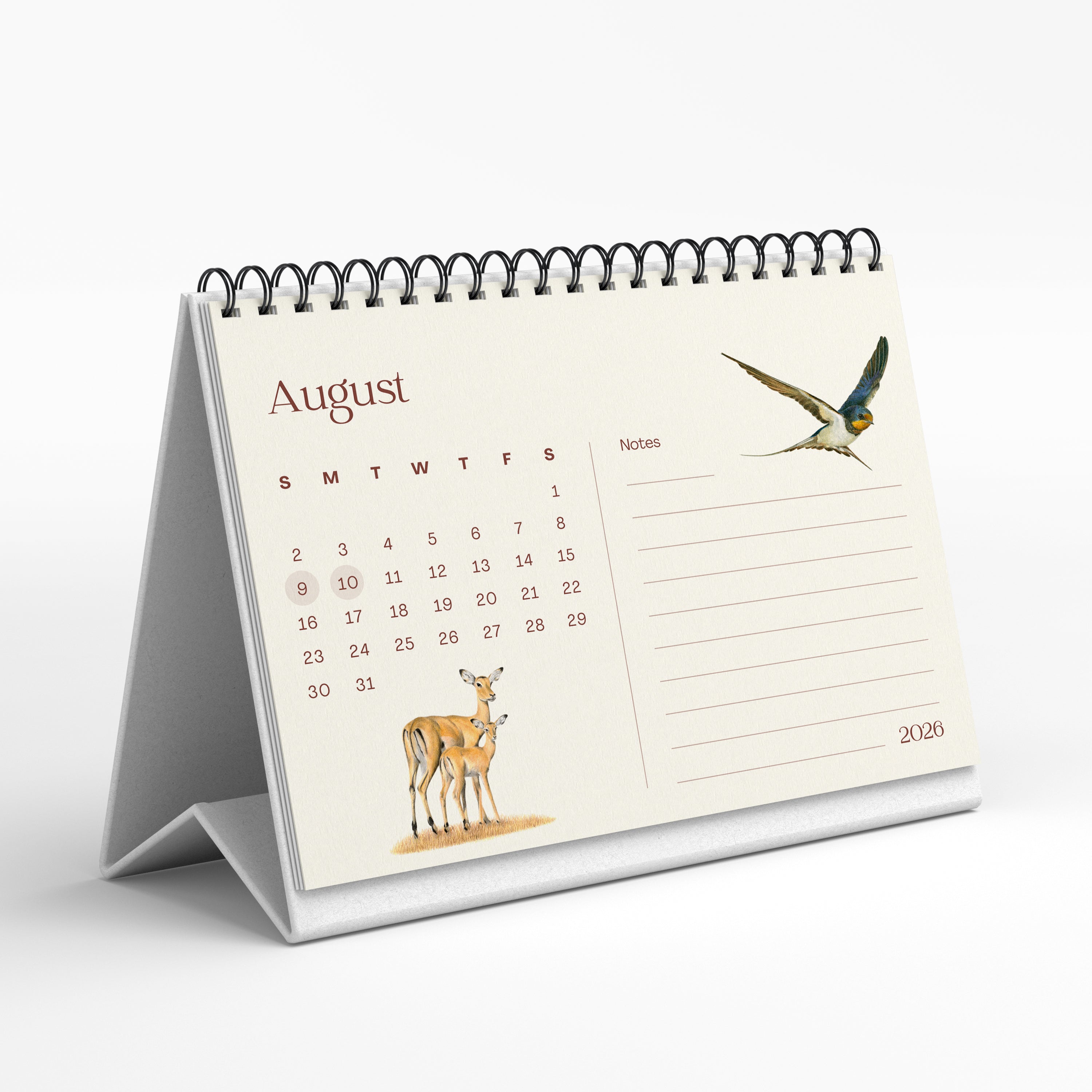 Desk calendar for August 2020 with illustrations of a deer and a bird on a white background