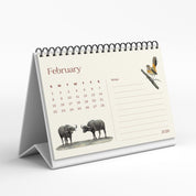 Desk calendar for February 2020 with illustrations of animals and birds on a white background