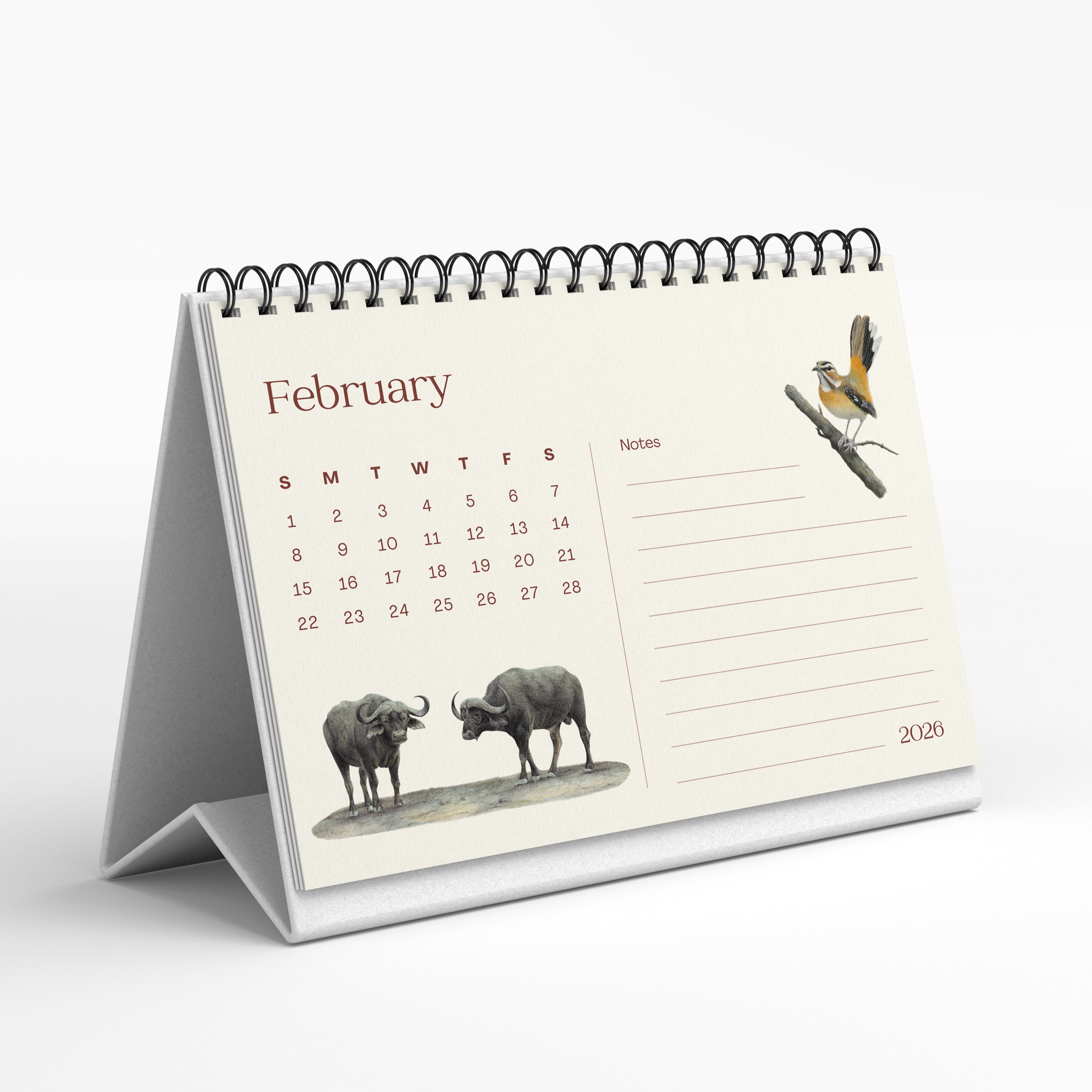 Desk calendar for February 2020 with illustrations of animals and birds on a white background