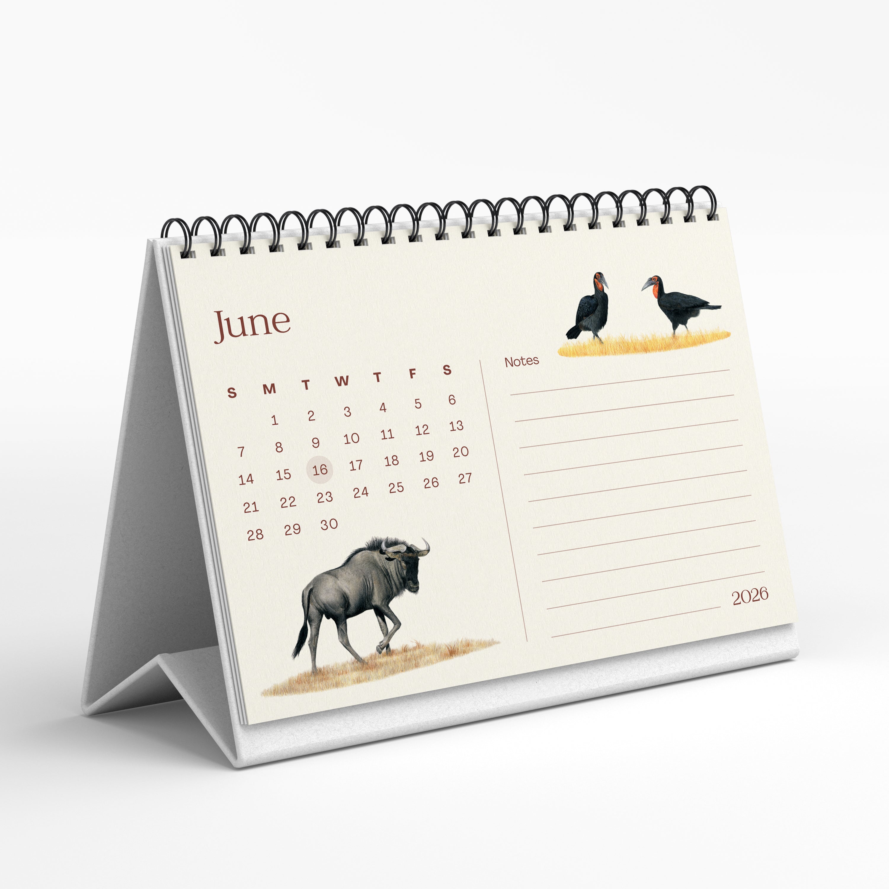 Desk calendar for June 2020 with illustrations of animals on a white background