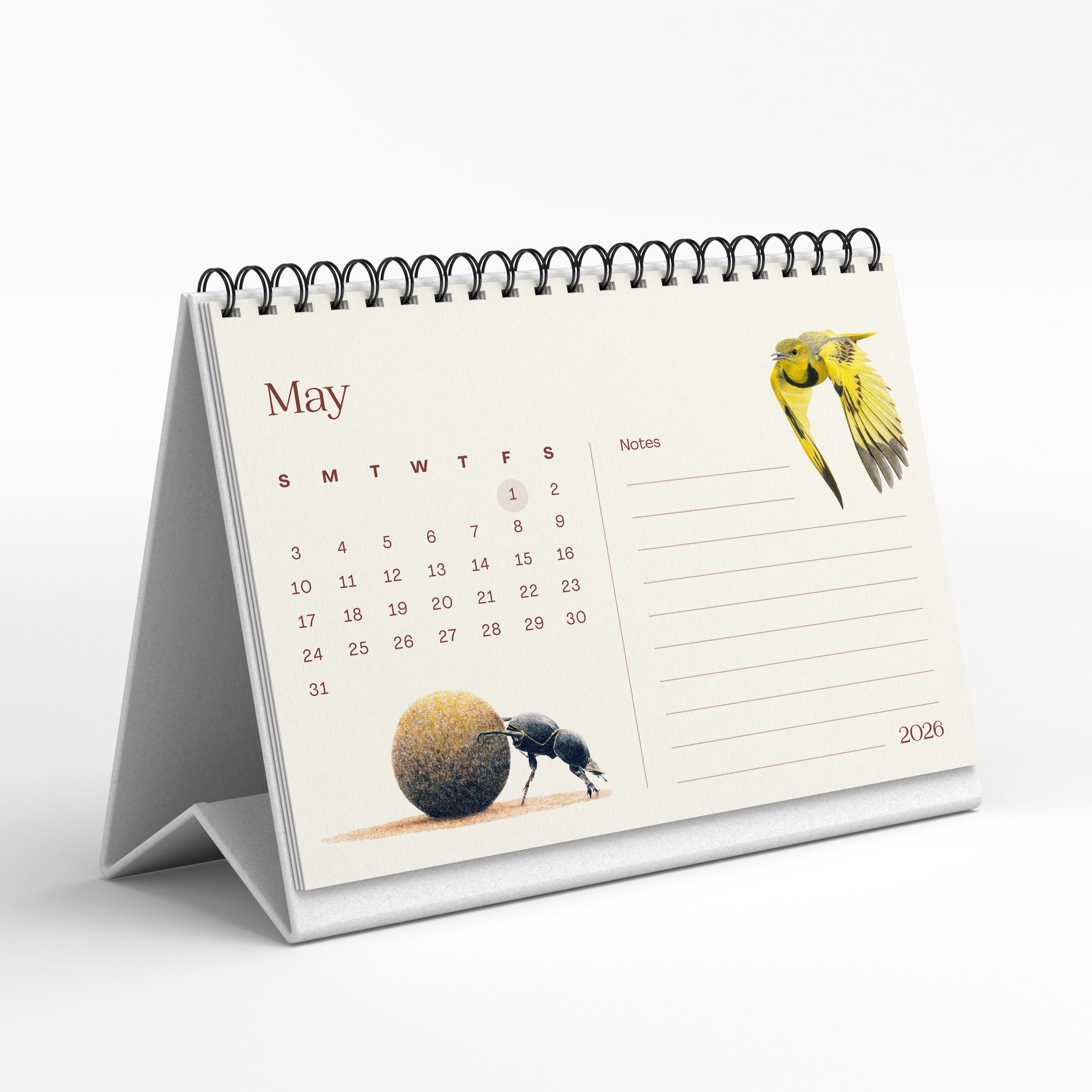 Tabletop calendar for May 2020 with nature-themed illustrations on a white background