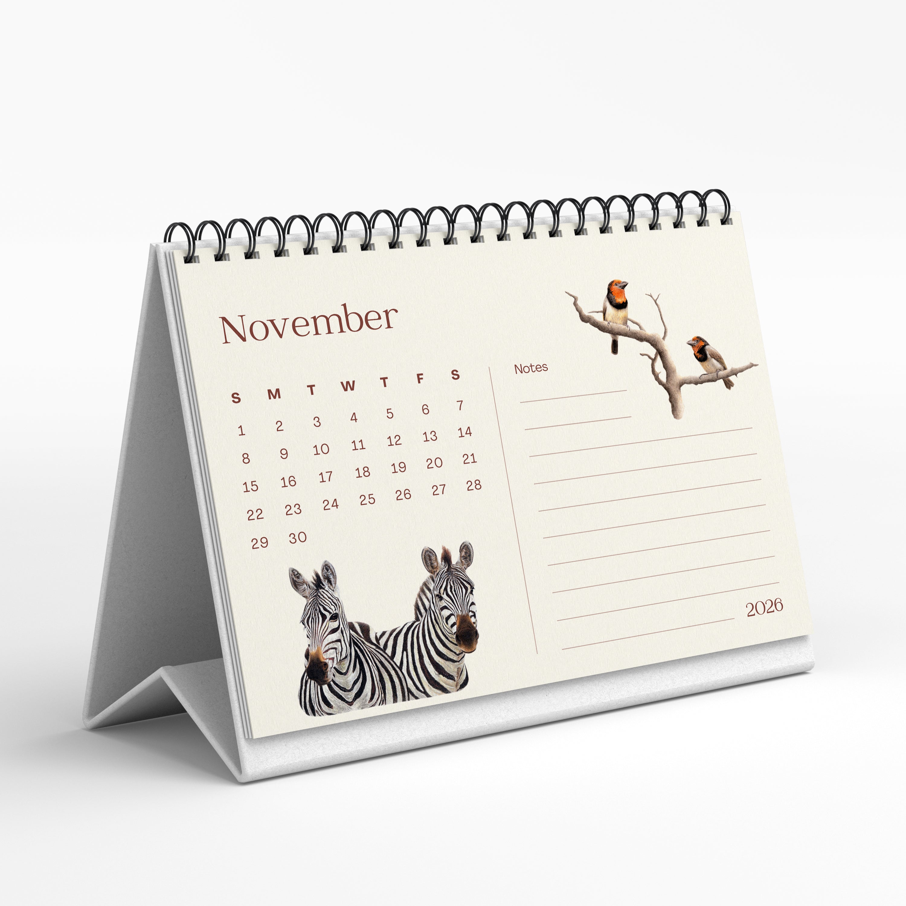 Desk calendar for November 2020 with zebra and bird design on a white background