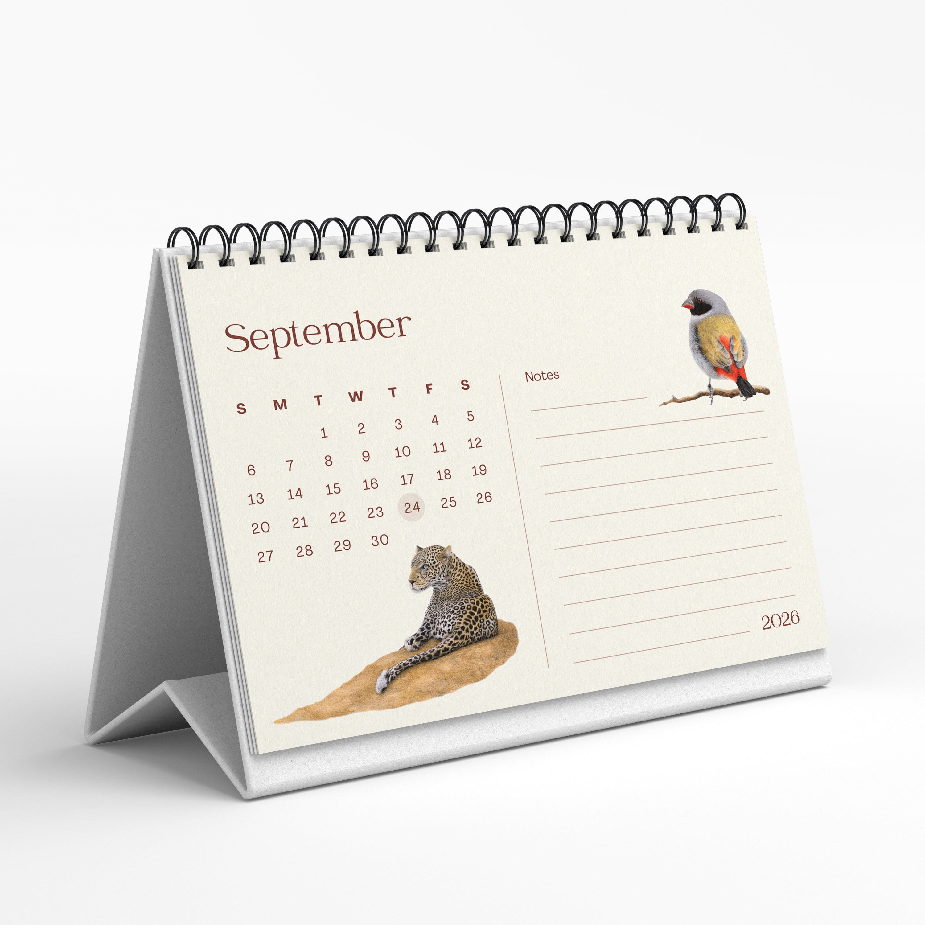 Tabletop calendar for September 2020 with a leopard illustration on a white background
