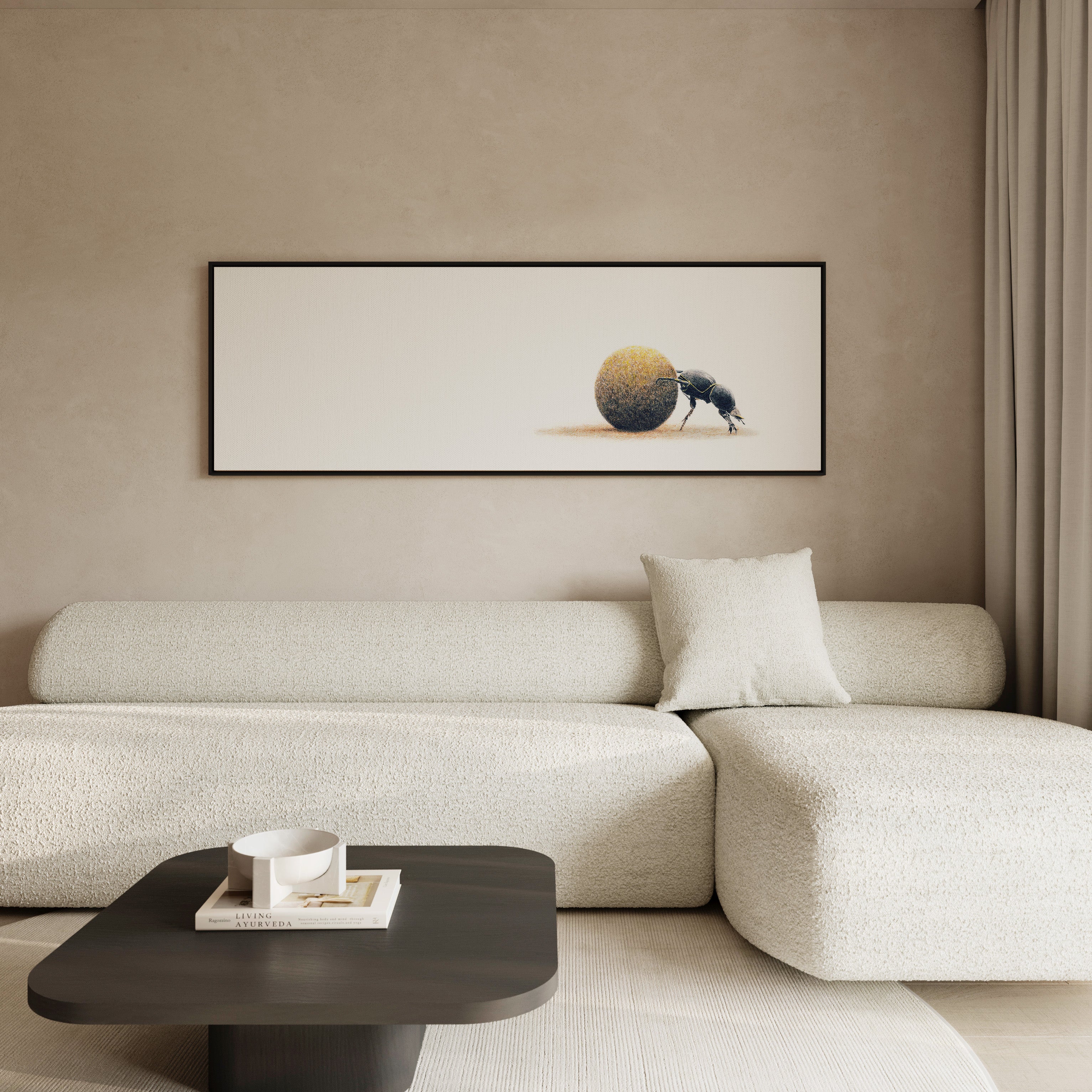 Framed dung beetle canvas print offering distinctive African nature art for wildlife-inspired interiors.