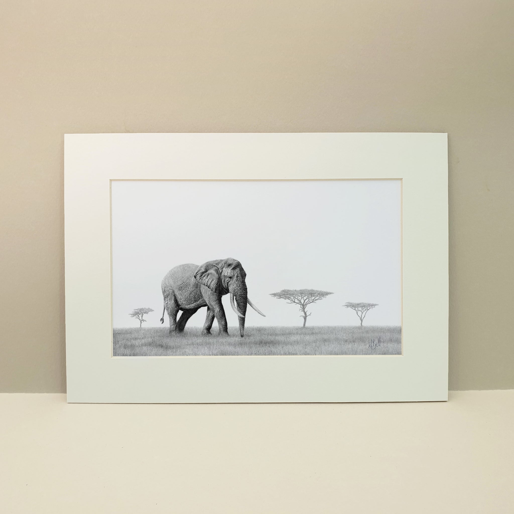 African Elephant bull in the open grass savanna artwork in graphite pencil