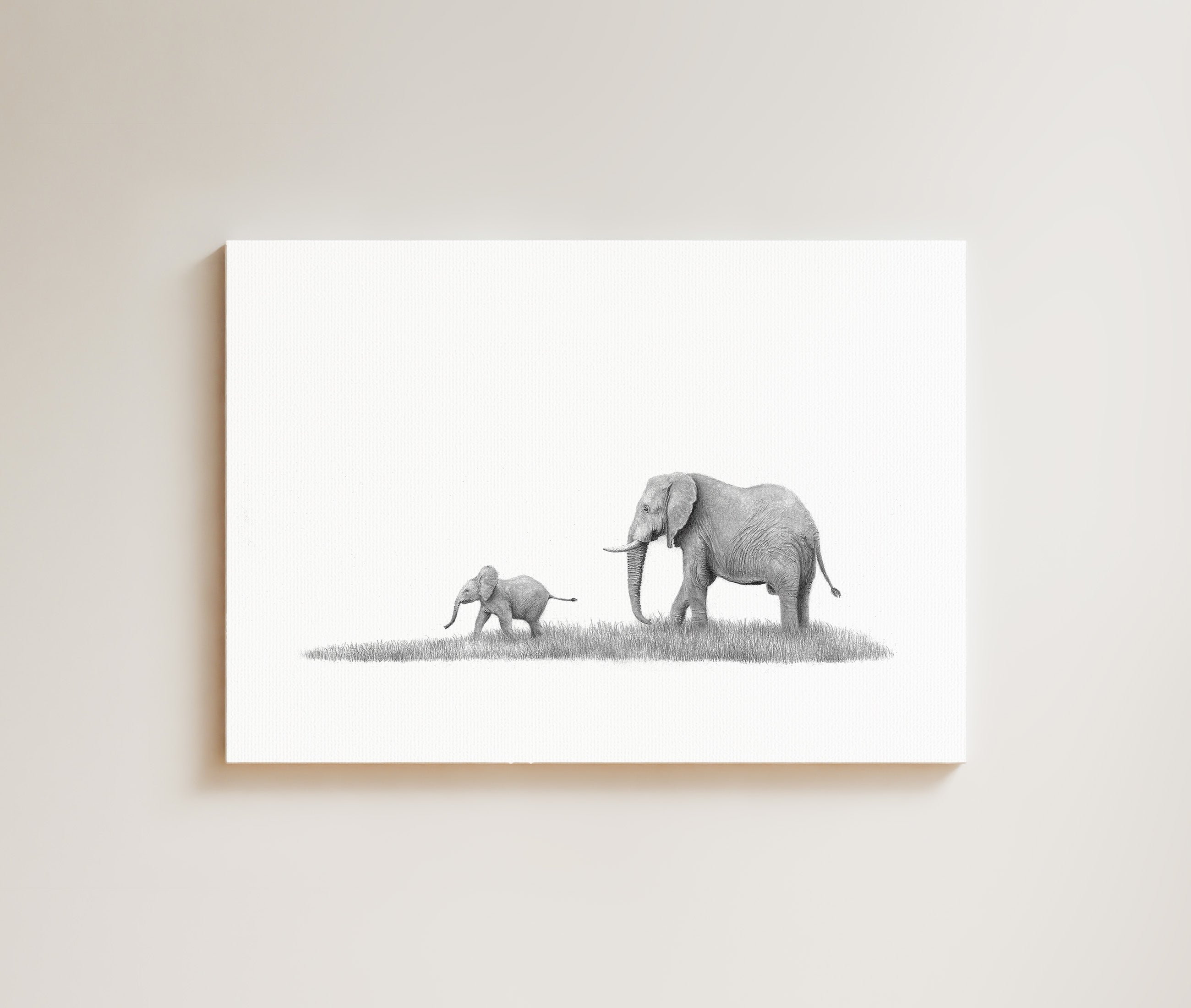 Elephant Mother and Calf drawing on canvas by South African wildlife artist Matthew Bell