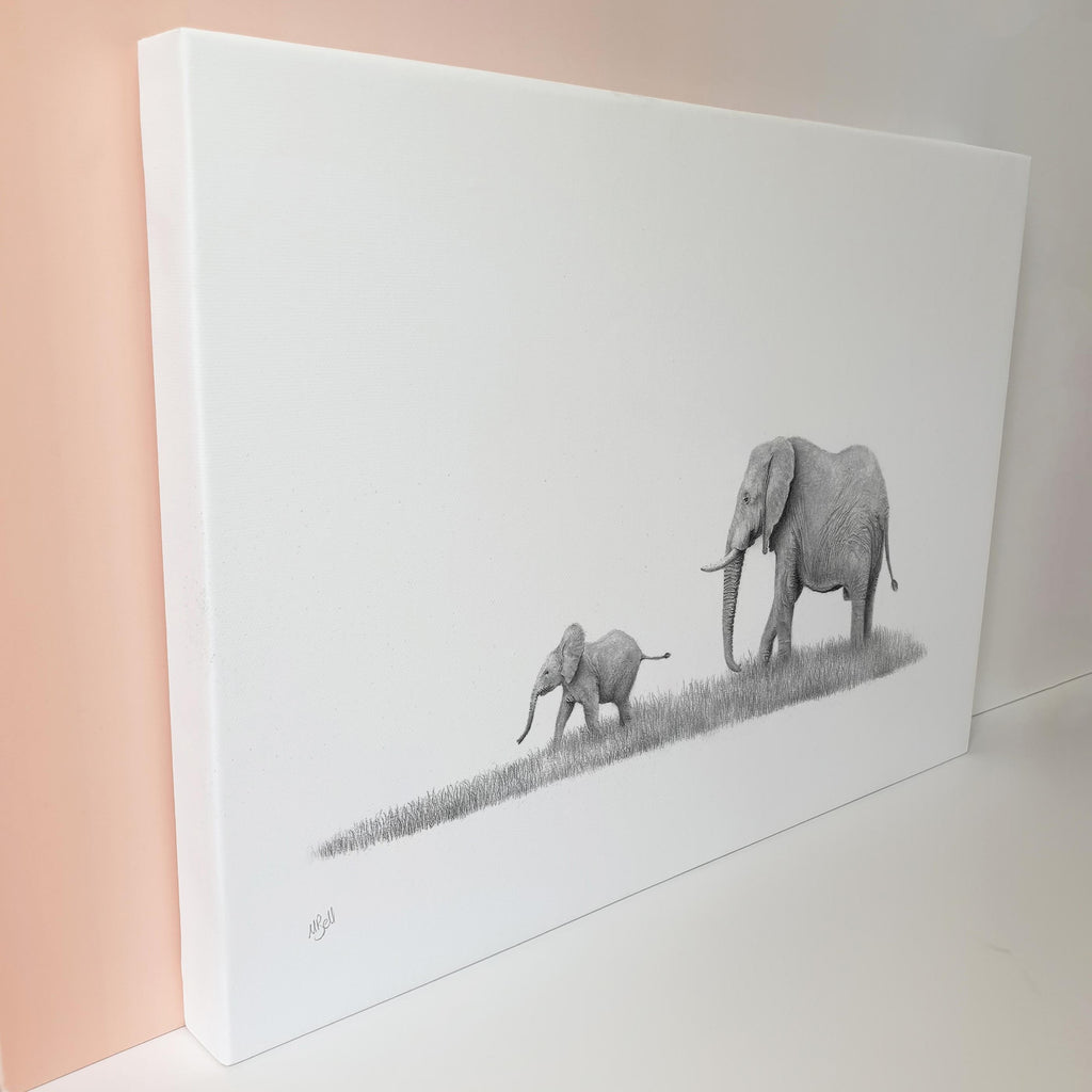 African elephant mother and calf in the bush canvas wall art print