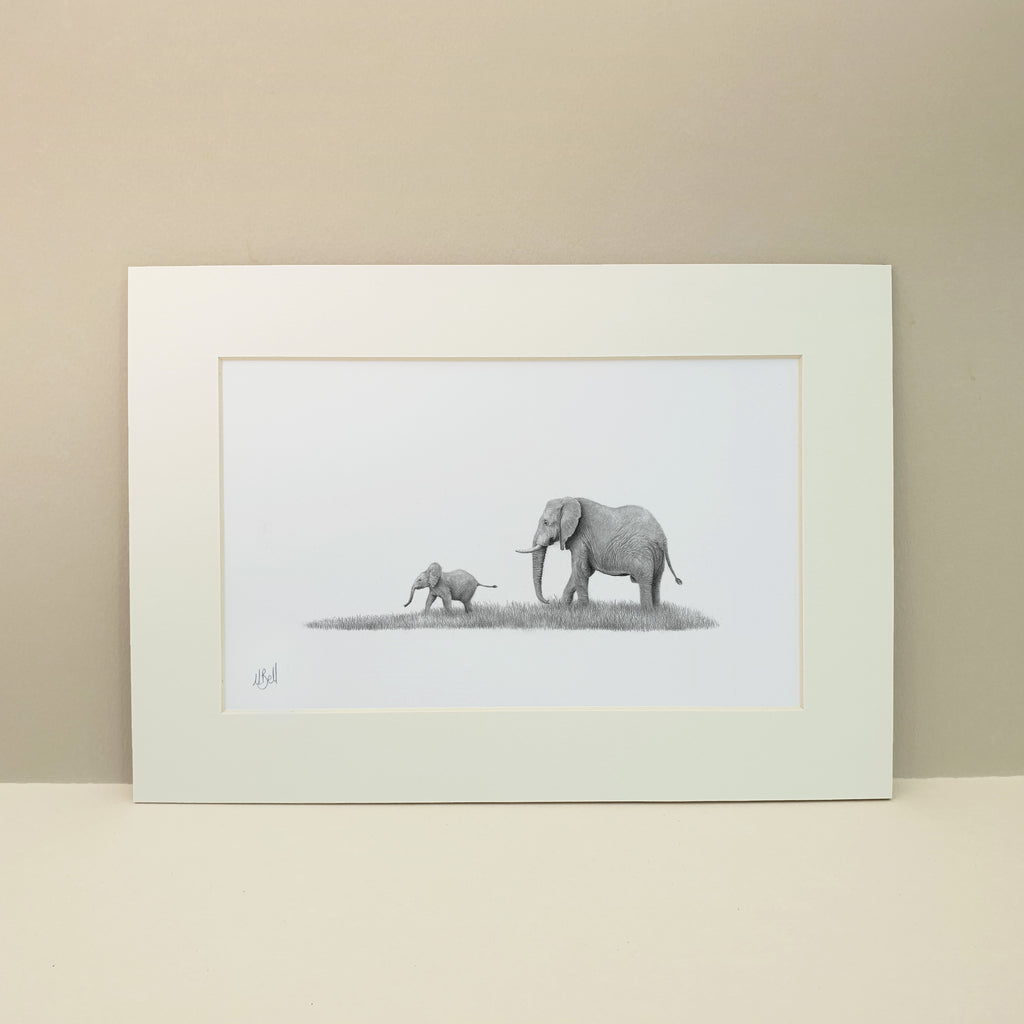 Mother and baby African elephants artwork by wildlife artist Matthew Bell
