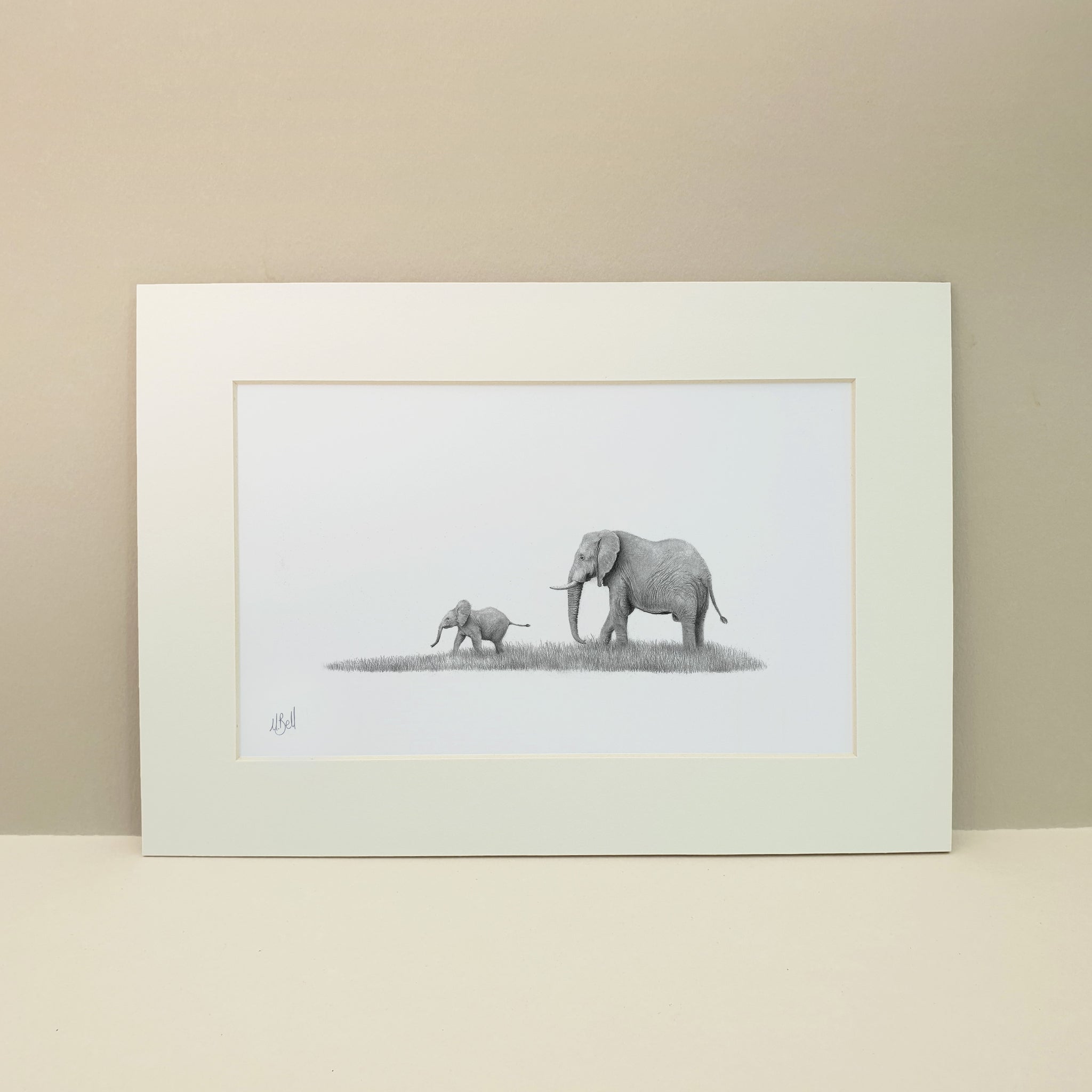 Mother and baby African elephants artwork by wildlife artist Matthew Bell